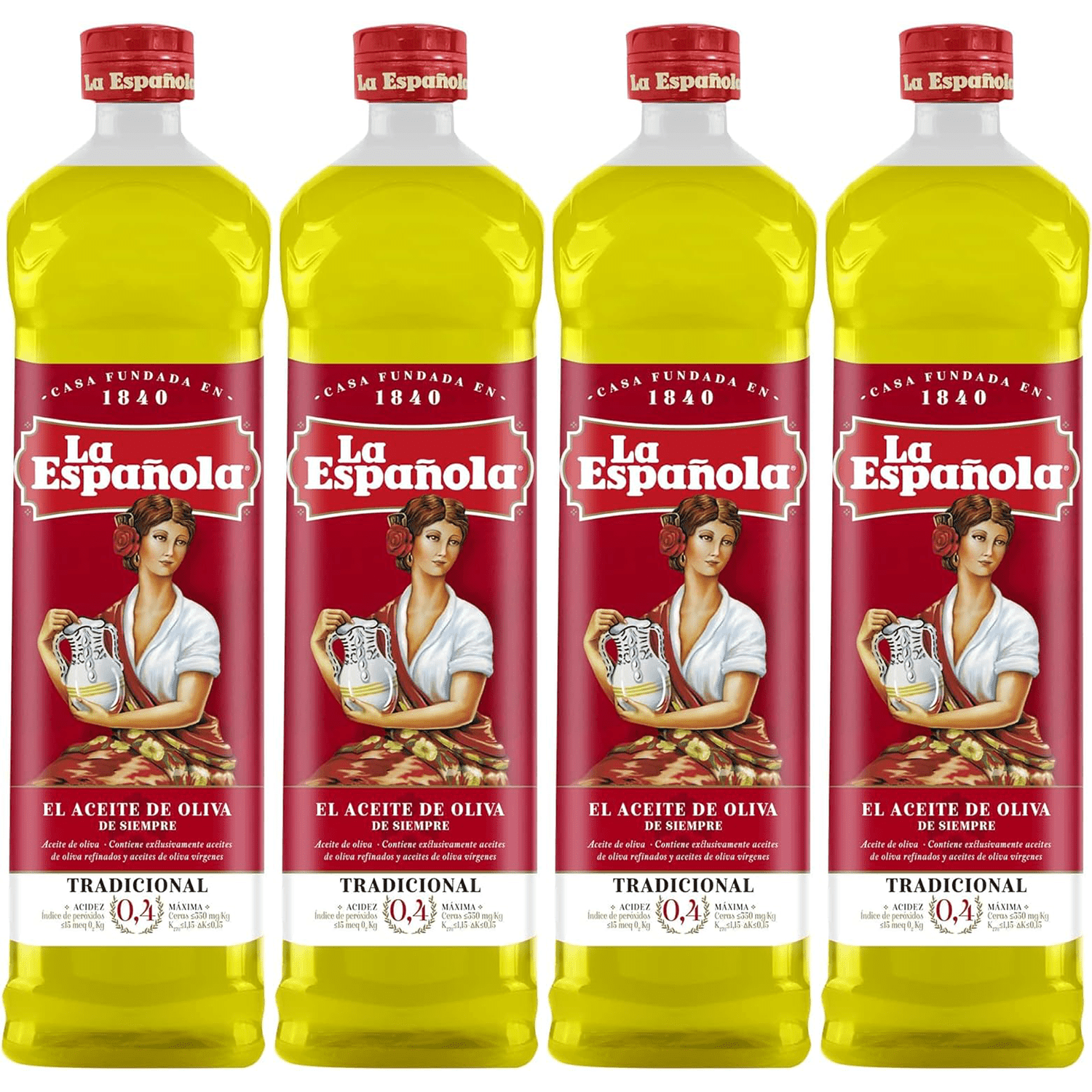 La Española Aceite de Oliva Suave 0.4º, Aceite de Oliva Tradicional, Pack de 4 Botellas 1L, Total de 4L