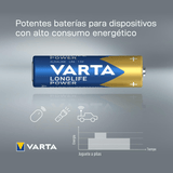 Pilas AA Alcalinas de Alto Rendimiento, VARTA Longlife Power, Ultra Larga Duración, Energía Continua, Ideal para Controles Remotos, Juguetes Electrónicos, Linternas, Lámparas, Relojes, Cámaras y Otros Dispositivos de Uso Diario - VARTA