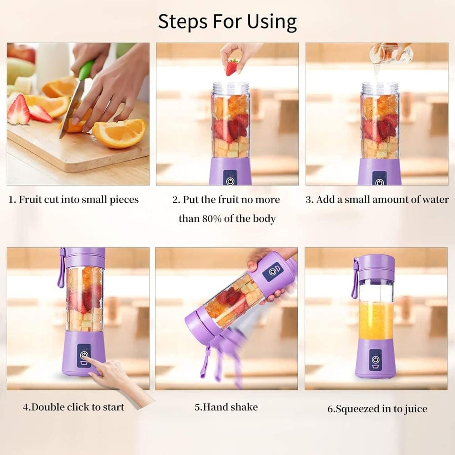 Licuadora Portatil Zumos y Batidos, Batidora para Frutas y Verduras, 6 Cuchillas de Acero, Vaso de 380ml de Capacidad, Ideal para Llevar, Cable de Carga USB, Batería de 800 mAh, 22000 RPM