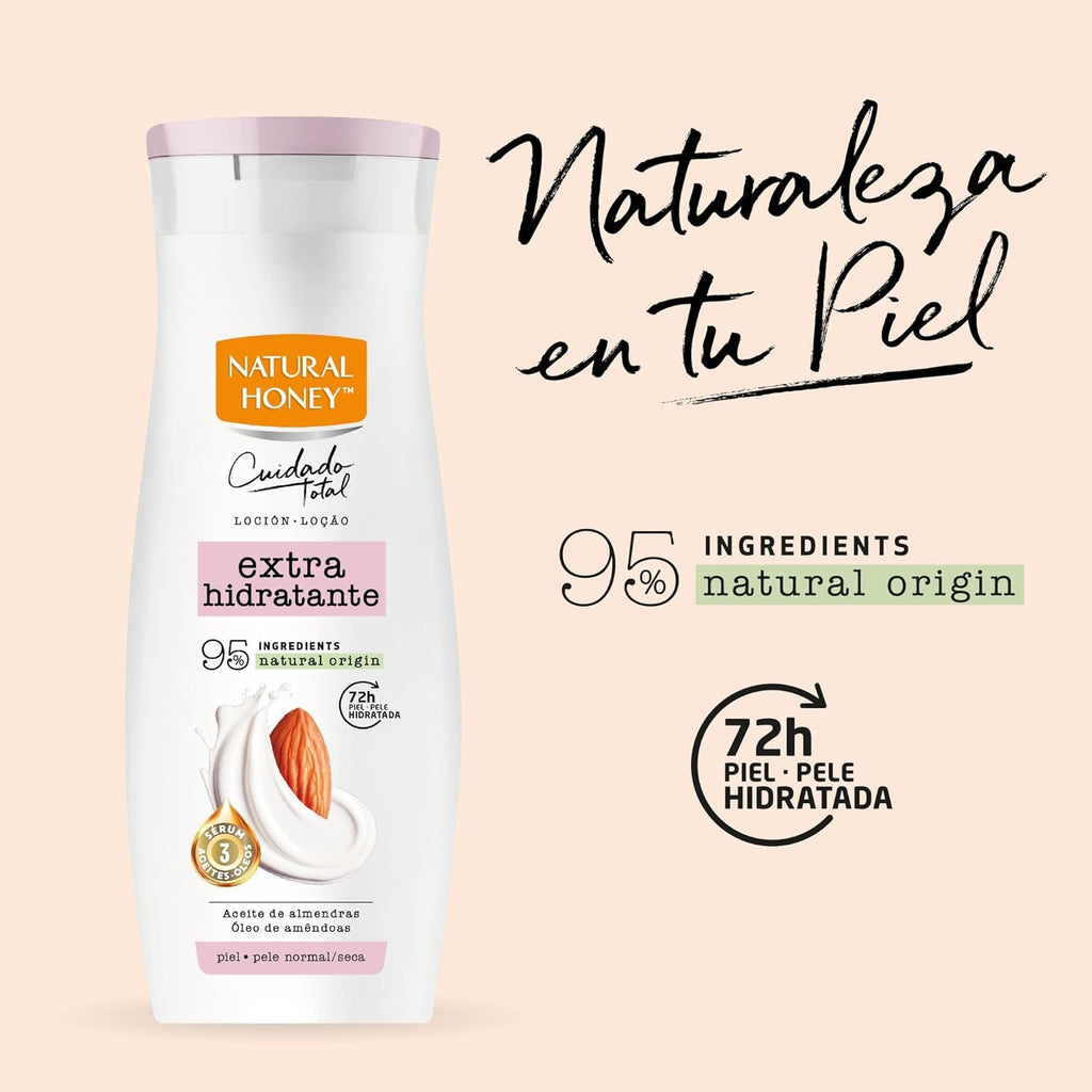 Natural Honey, Loción Corporal Aceite de Almendra Dulce Extra Hidratante, 72H de Hidratación Profunda, Fórmula Suave con Aceites Naturales, Piel Extra Suave y Luminosa, Línea Cuidado Total, 330 ml por Botella