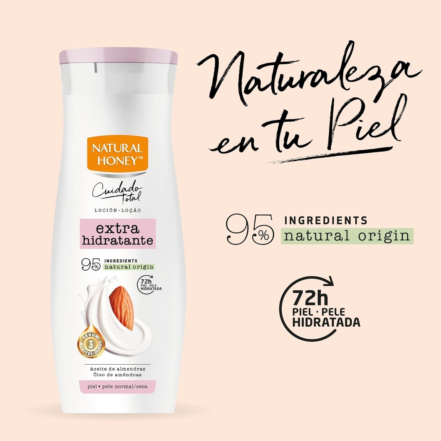 Natural Honey, Loción Corporal Aceite de Almendra Dulce Extra Hidratante, 72H de Hidratación Profunda, Fórmula Suave con Aceites Naturales, Piel Extra Suave y Luminosa, Línea Cuidado Total, 330 ml por Botella