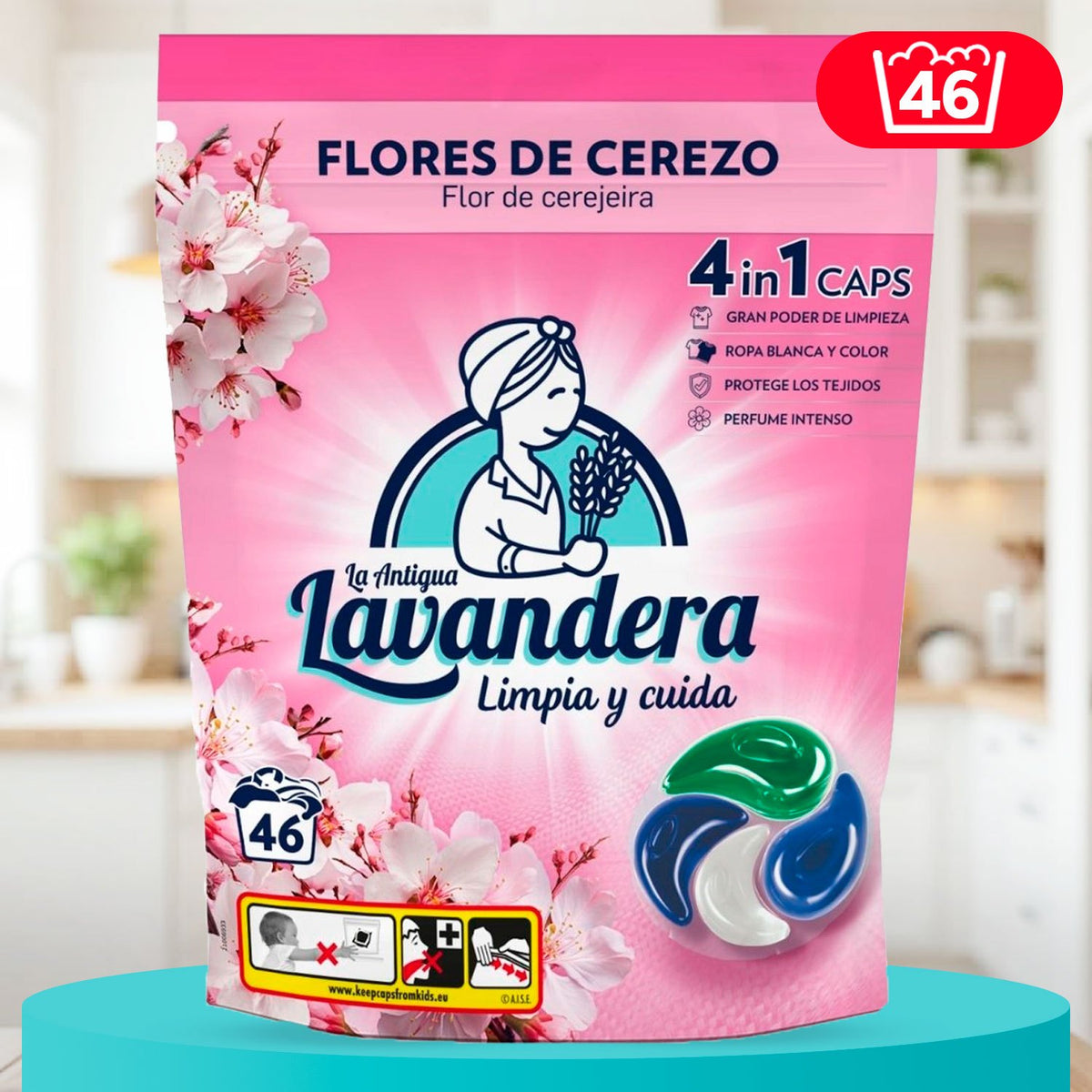 La Antigua Lavandera Detergente en Cápsulas 4 en 1 para Ropa, Aroma Flores de Cerezo, 46 Cápsulas