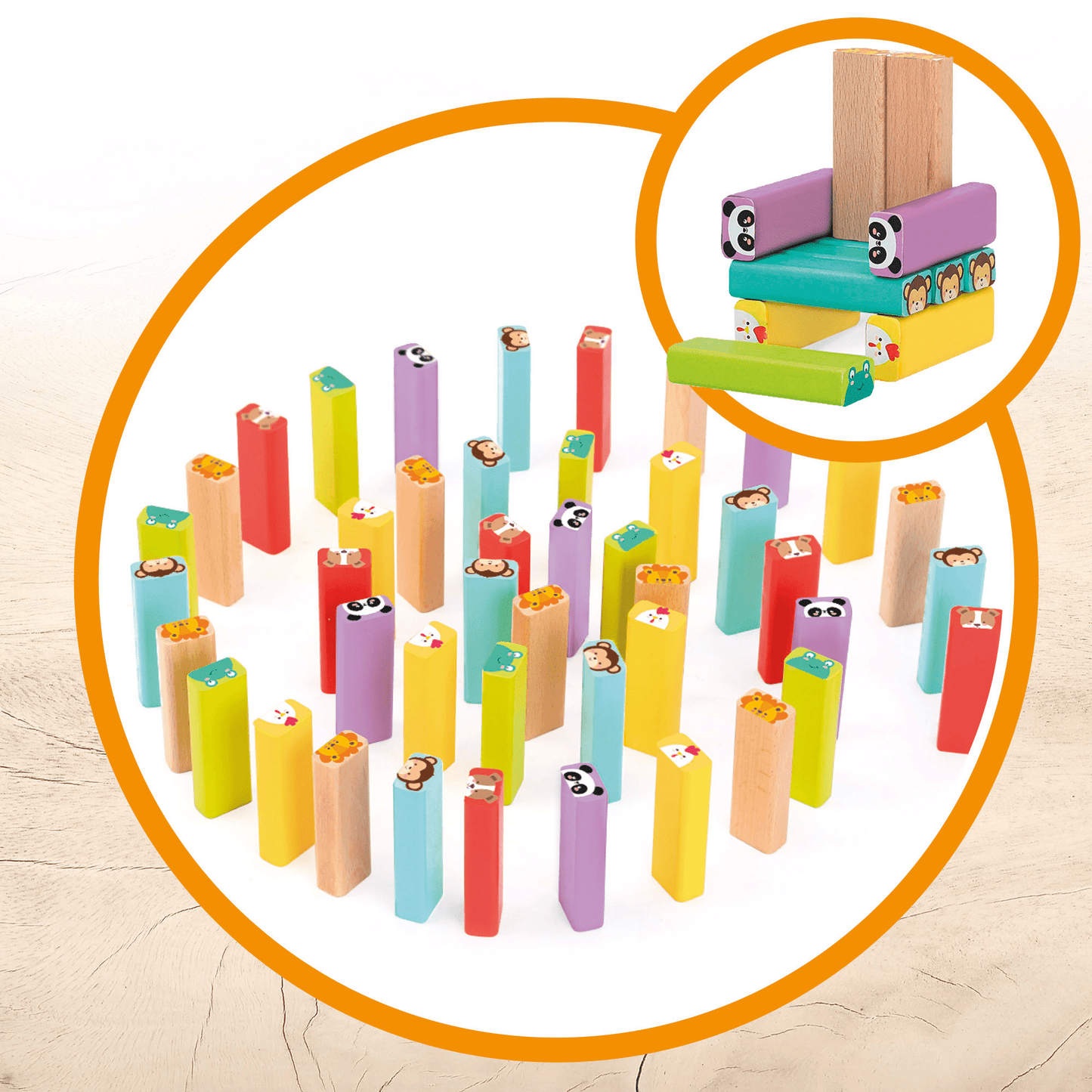 Torre de Madera Juego, Torre de Bloques Apilables de Madera, Conjunto de 76 Piezas, 52 Piezas de Bloques Coloreados, Juego de Mesa Divertido