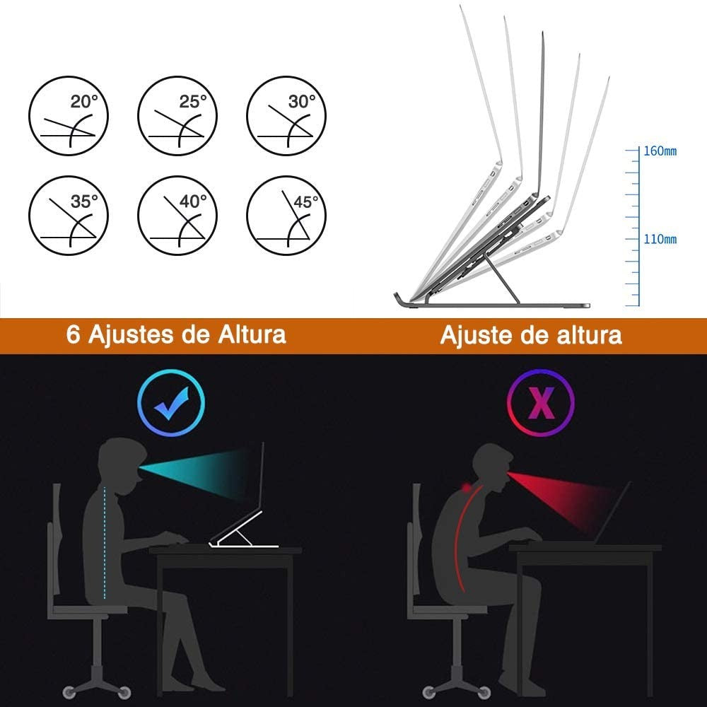 Soporte Portátil hasta 15,6", Portátil y Plegable, 8 Ajustes de Altura, Disipa el Calor y Optimiza el Funcionamiento de tu Dispositivo, Parte Inferior de Silicona Antideslizante, Ayuda a Corregir Posturas Incorrectas, Válido para Portátil y Tablet