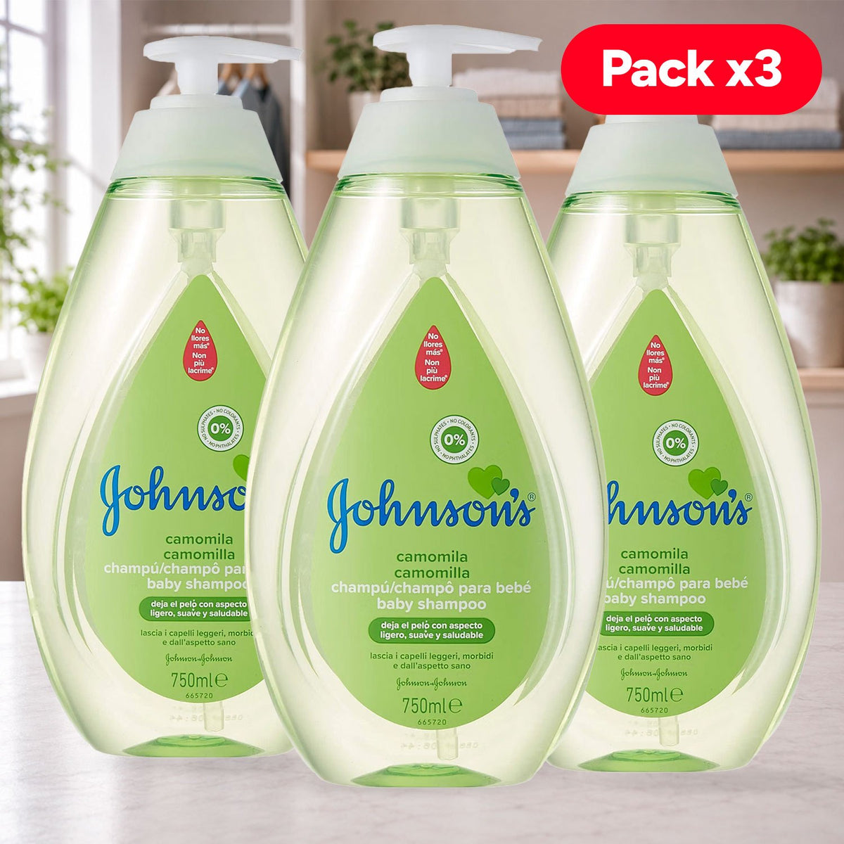 Johnson's Baby Champú con Camomila para Cabello Delicado, Limpieza Suave y Brillo, Pack de 3 x 750 ml (Total 2.25 L)