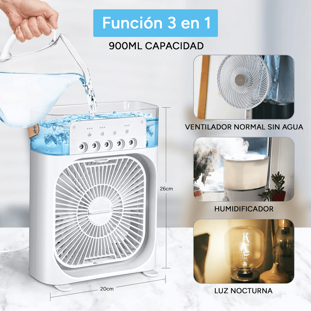 Ventilador Potente de Mesa 5 en 1 con Humidificador, 5 Pulverizadores, 3 Velocidades, LED de 7 Colores, Temporizador y Tanque Extraíble. Portátil, Silencioso y Multifuncional para Escritorio, Hogar u Oficina