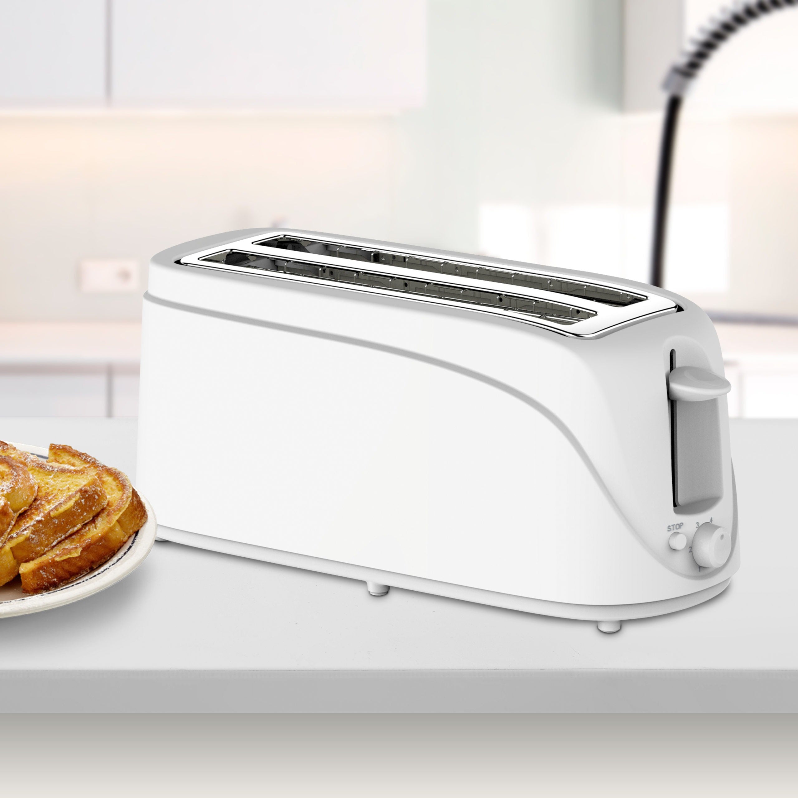 Tostadora de Pan de Molde de 4 Rebanadas, 6 Niveles de Tostado, Botón de Parado, Capacidad para 4 Rebanadas, Ranura de Acero Inoxidable, Bandeja Recogemigas, 220V-240V/50Hz, 1300W