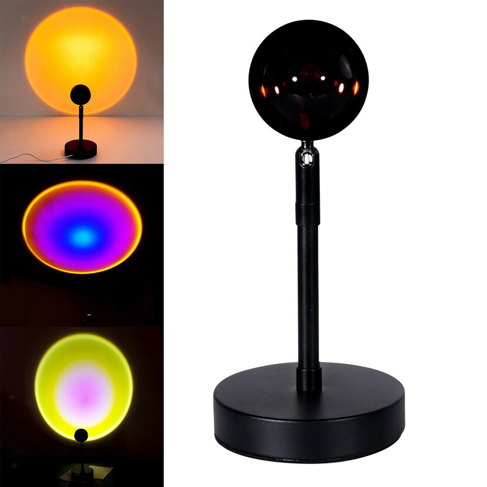 Lámpara Atardecer USB, Proyector de Luz de Puesta de Sol, Lámpara de Proyección de Atardecer, Cable USB, Proyector de 4 Colores con Luz Ambiente, Proyección Circular, Rotación 180º, Aluminio Resistente, Ideal para Decoración y Crear un Ambiente Único