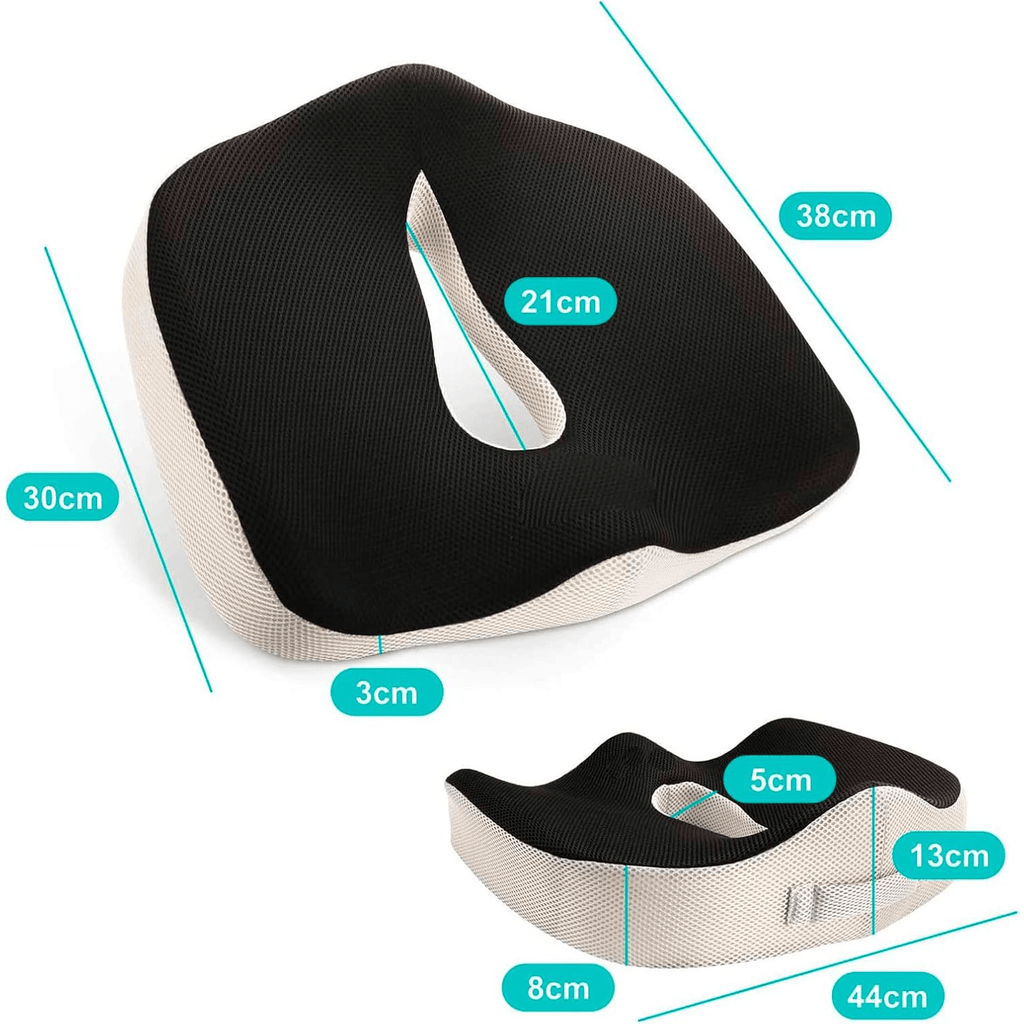 Cojín Asiento de Espuma Viscolástica ideal para Sillas de oficina y Coche, Ayuda a Corregir la Postura, Amortiguación perfecta, Hueco Central para Ventilación, Base Antideslizante, Funda Lavable de Poliéster, Asa de Transporte