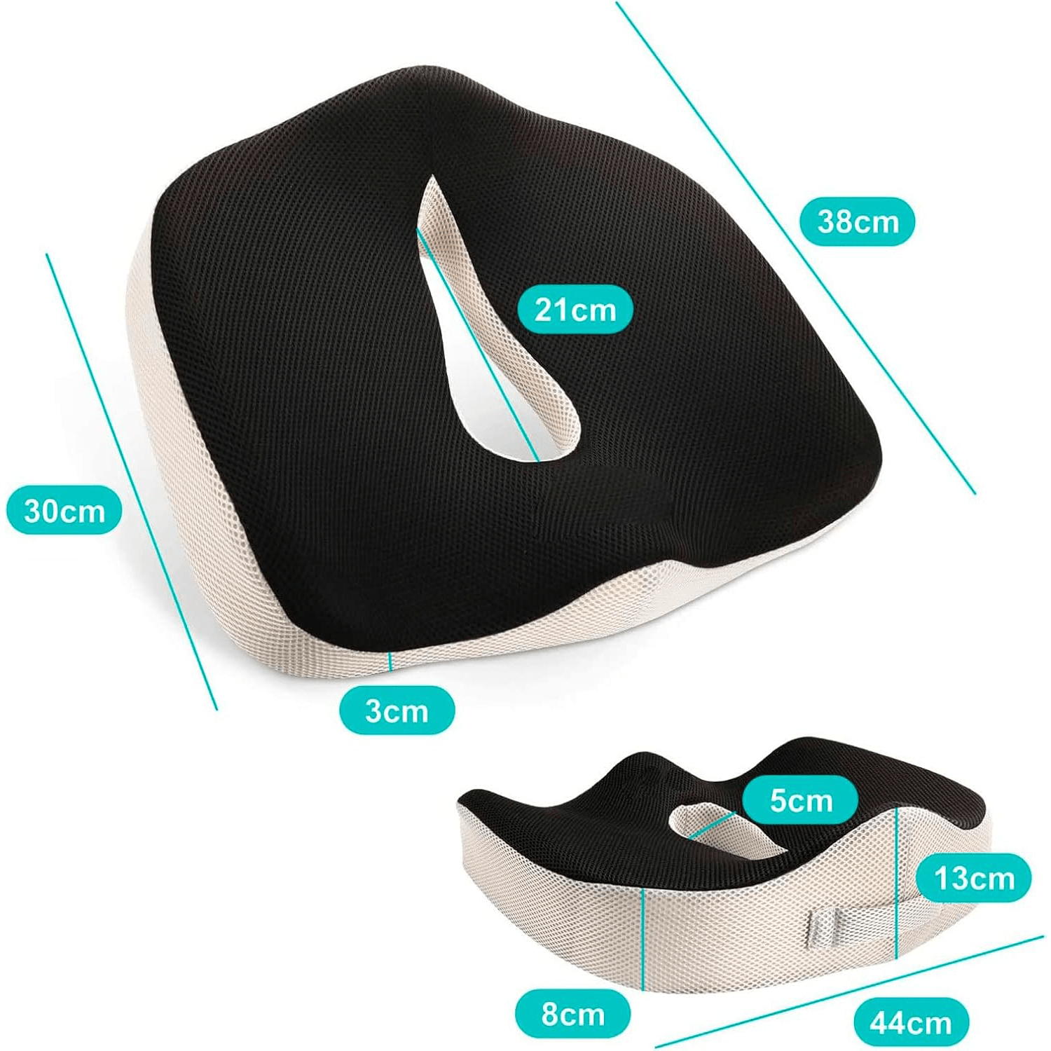 Cojín Asiento de Espuma Viscolástica ideal para Sillas de oficina y Coche, Ayuda a Corregir la Postura, Amortiguación perfecta, Hueco Central para Ventilación, Base Antideslizante, Funda Lavable de Poliéster, Asa de Transporte