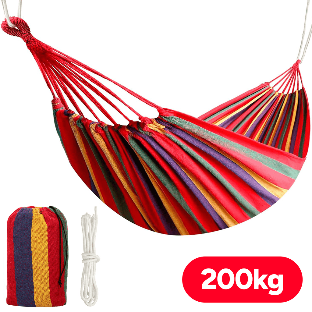 Hamaca Colgante para Exterior de Algodón, Ideal para Camping y Jardín, Medidas 200x100 cm, Hasta 200 kg de Capacidad de Carga, Incluye Bolsa de Transporte y Cuerda de 0,5cm x 2m