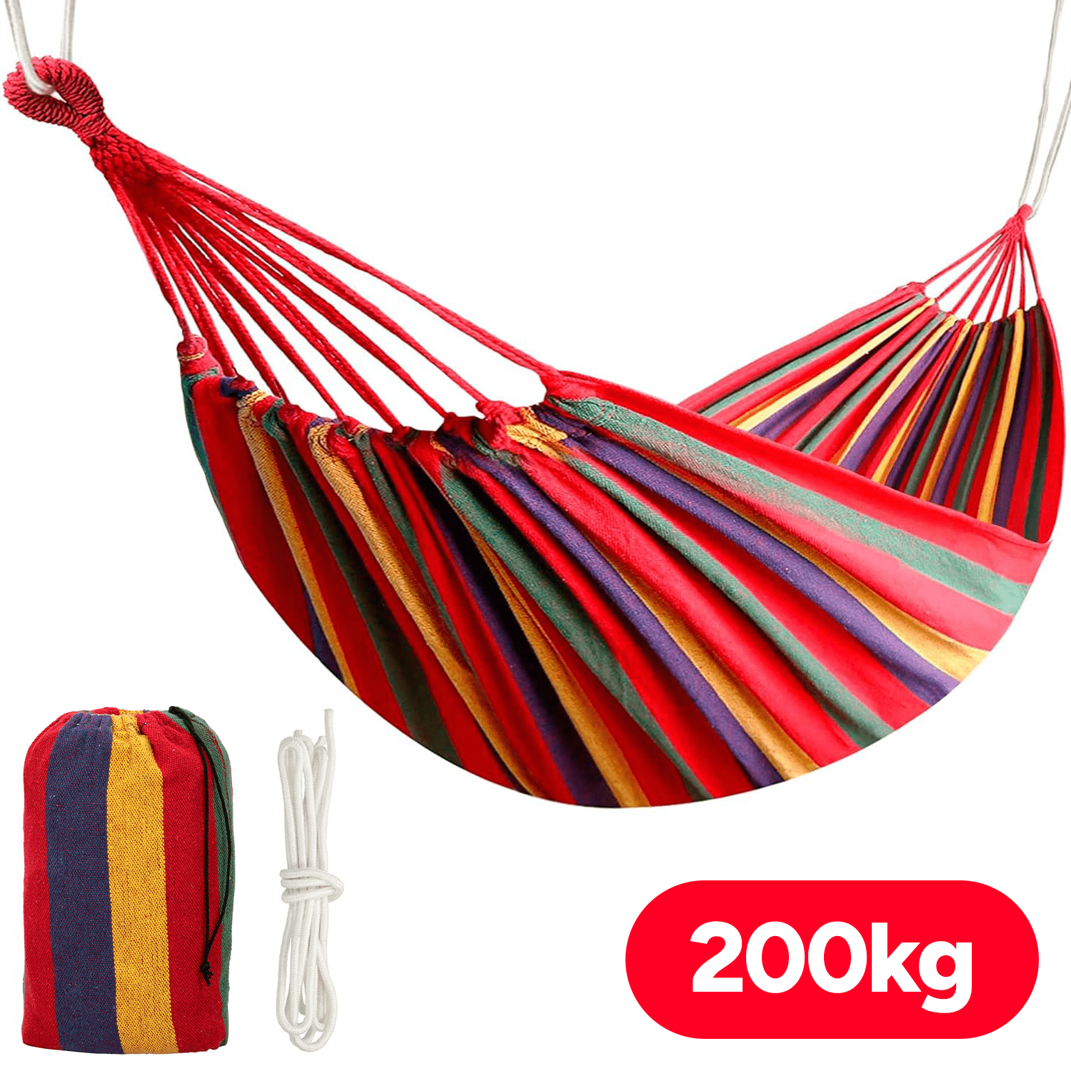 Hamaca Colgante para Exterior de Algodón, Ideal para Camping y Jardín, Medidas 200x100 cm, Hasta 200 kg de Capacidad de Carga, Incluye Bolsa de Transporte y Cuerda de 0,5cm x 2m