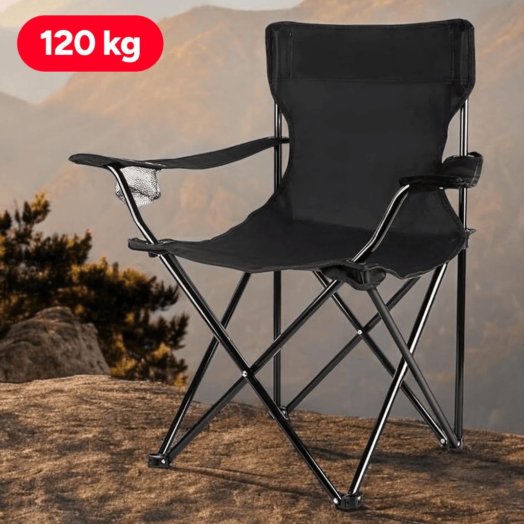 Pack x2 Sillas Plegables Camping con Respaldo y Apoyabrazos para Exterior, Acampada, Pescar y Picnic de 50 x 50 x 80 cm, Resistente y Compacta, Soporta hasta 120kg, Negro
