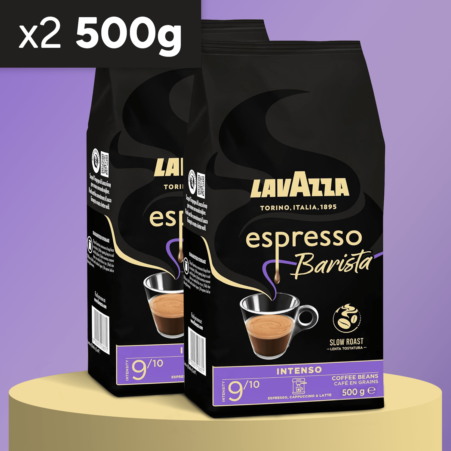 Lavazza Café Grano Natural Tostado Expresso Barista Intenso, Mezcla Arábica y Robusta, con Notas Aromáticas de Cacao y Madera, Intensidad 9/10, Tueste Medio, 1/2 kg