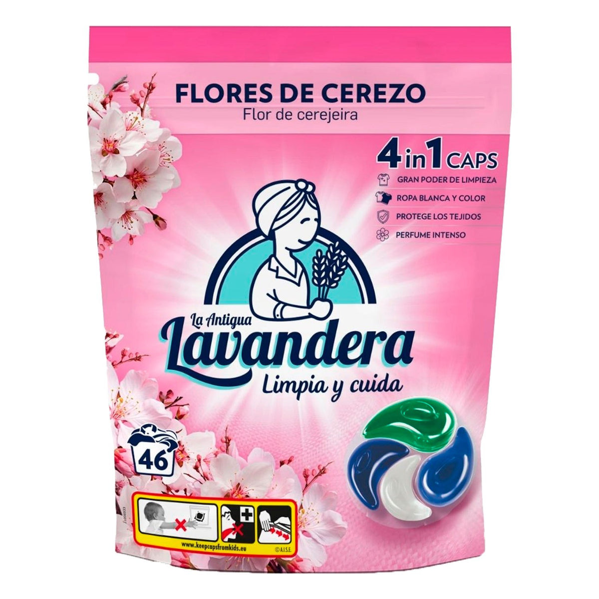La Antigua Lavandera Detergente en Cápsulas 4 en 1 para Ropa, Aroma Flores de Cerezo, 46 Cápsulas