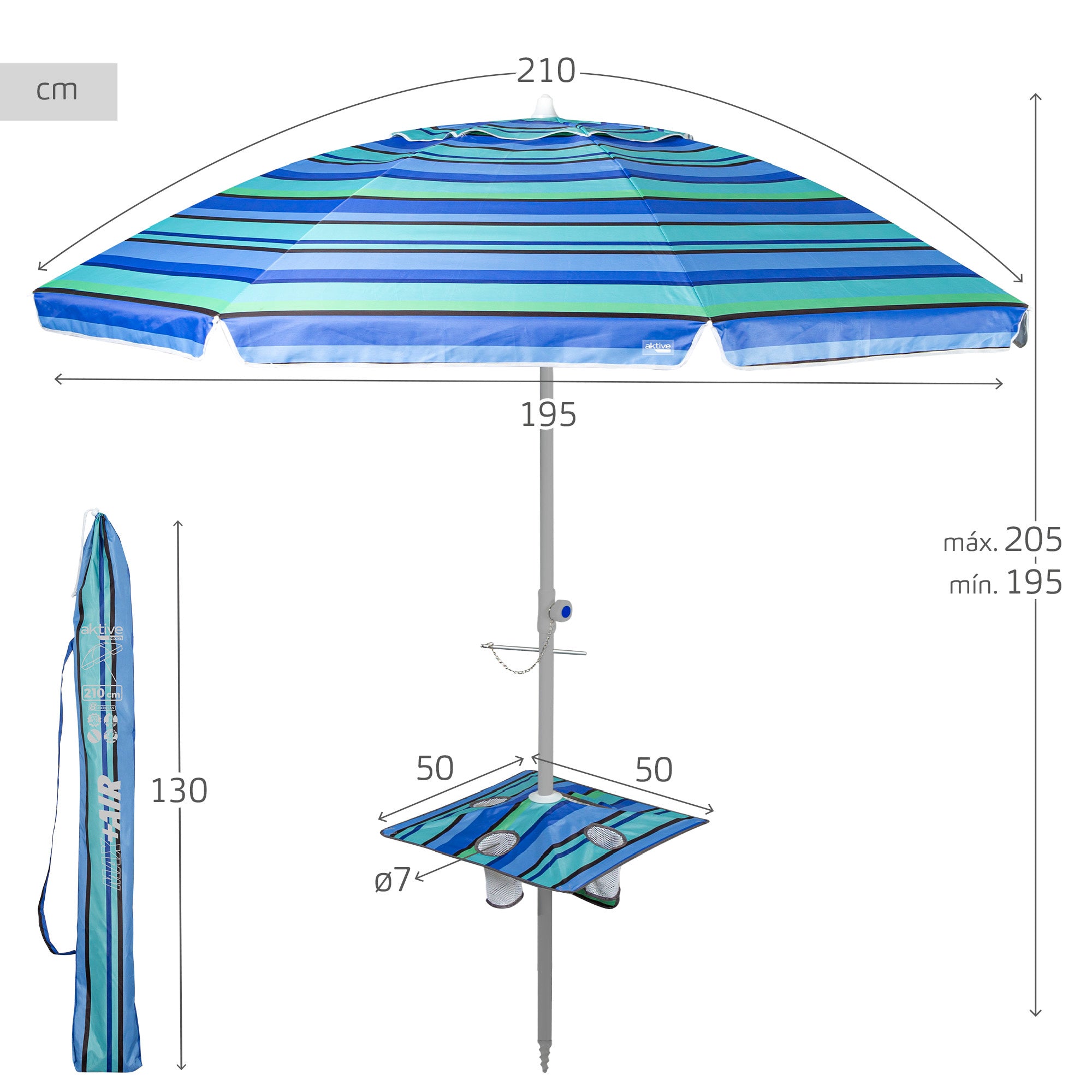 Sombrilla Playa Grande con Para Viento, 210 cm, Inclinable, Incluye Mesa con Reposavasos, Colgador con Ganchos, Protección UV 50, Diseñado para Favorecer la Ventilación, Tela Oxford con Revestimiento, 8 Varillas Resistentes, Ancho Tubo 28/32mm