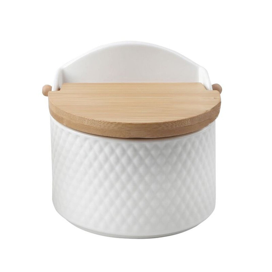 Salero Cocina con Tapa, Hecho de Porcelana Grabada y Madera, Recipiente para Especias y Aliños, Blanco, 12 x 9.5 x 11cm