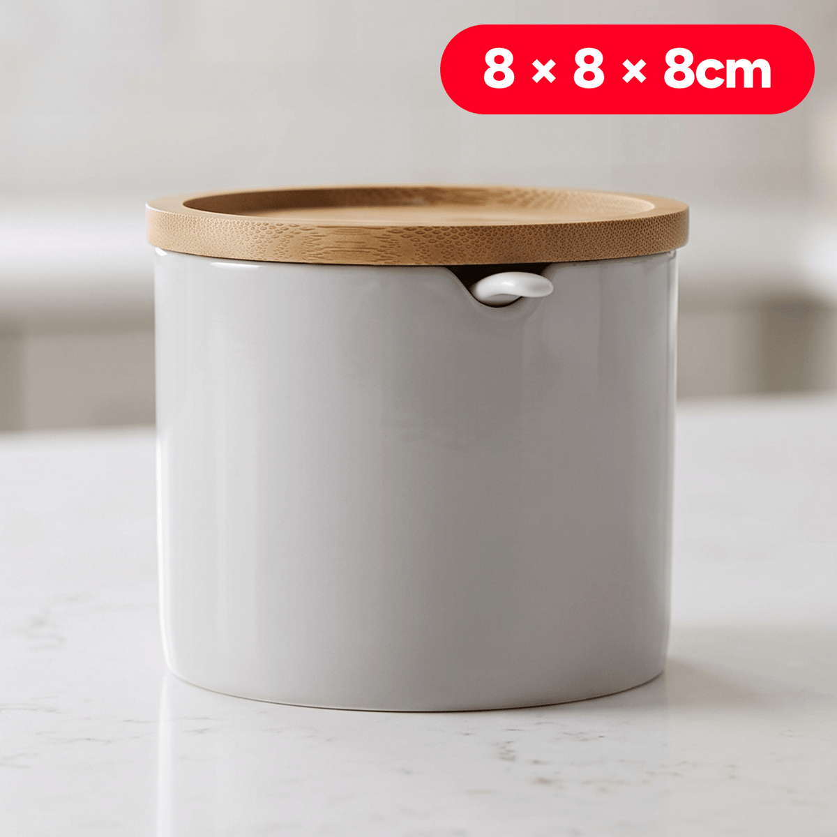Azucarero Circular con Tapa y Cuchara, Azucarero Ceramica con Tapa de Bambú, Recipiente para Especias y Aliños, Natural, 8 x 8 x 8 cm