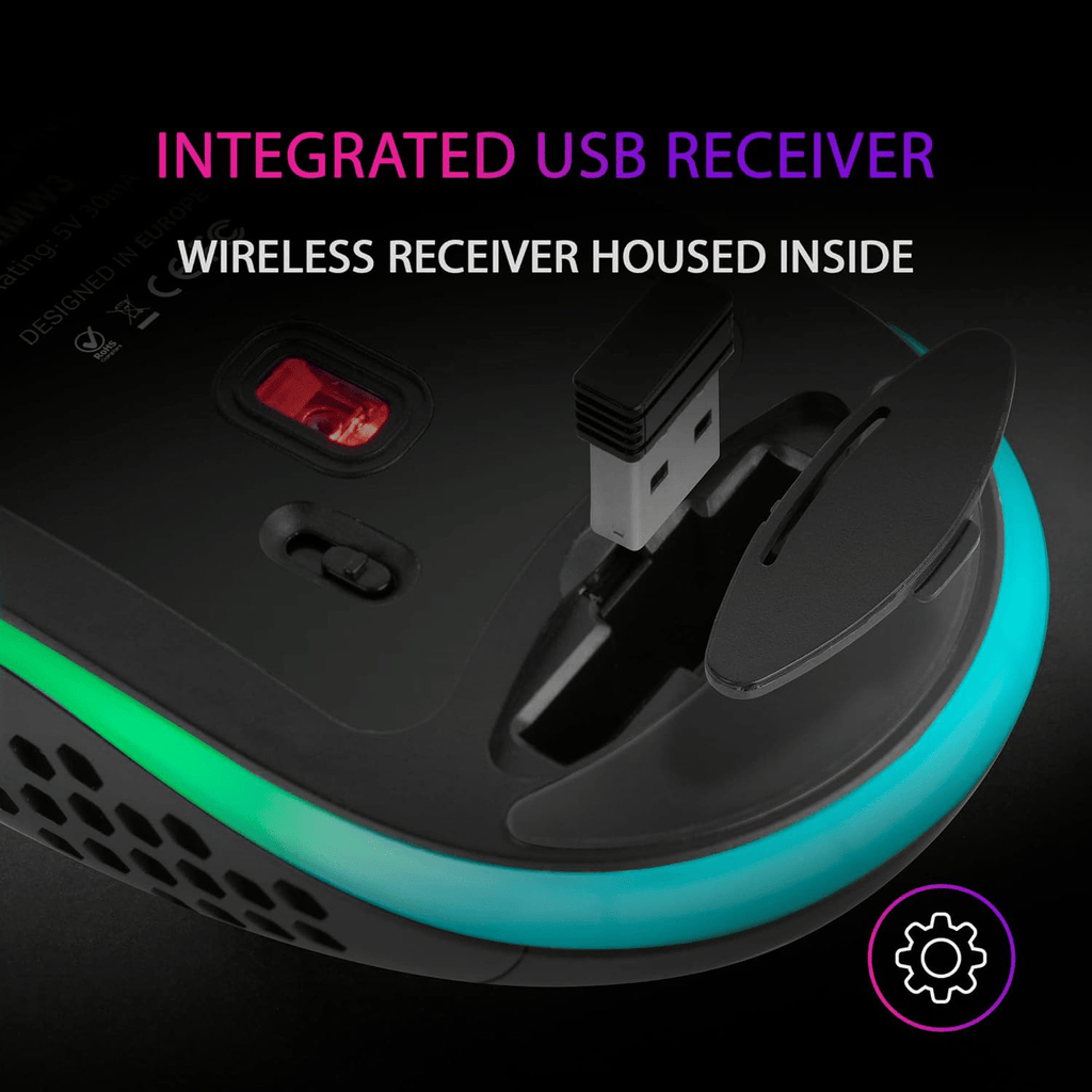 Mars Gaming MMW3, Ratón Gaming Inalámbrico Ultraligero Hive, RGB Flow, Sensor 3200 dpi, Switches Mecánicos HUANO, Batería Recargable, 2.4G USB, Negro