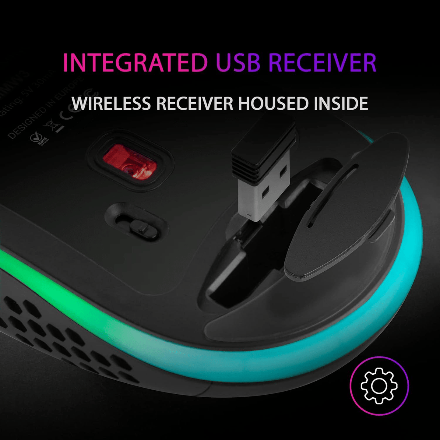Mars Gaming MMW3, Ratón Gaming Inalámbrico Ultraligero Hive, RGB Flow, Sensor 3200 dpi, Switches Mecánicos HUANO, Batería Recargable, 2.4G USB, Negro
