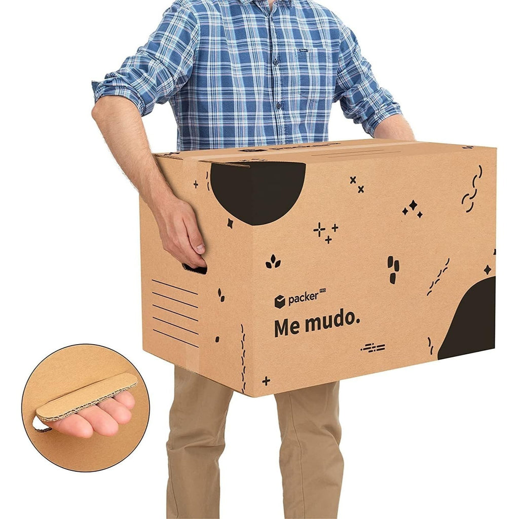 packer PRO Caja Cartón para Mudanzas y Almacenaje Ultra Resistentes con Asas, Cartón Resistente de Máxima Durabilidad, Tamaño Ideal para Mudanzas y Almacenaje de Libros, Objetos y Ropa, Asas Laterales para Manejo Fácil y Seguro