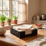 Servilletero de Mesa Tejido, para Organizar Servilletas en Cocina y Comedor, Diseño Decorativo de Estilo Natural, Color Negro, 18 x 18 x 5 cm