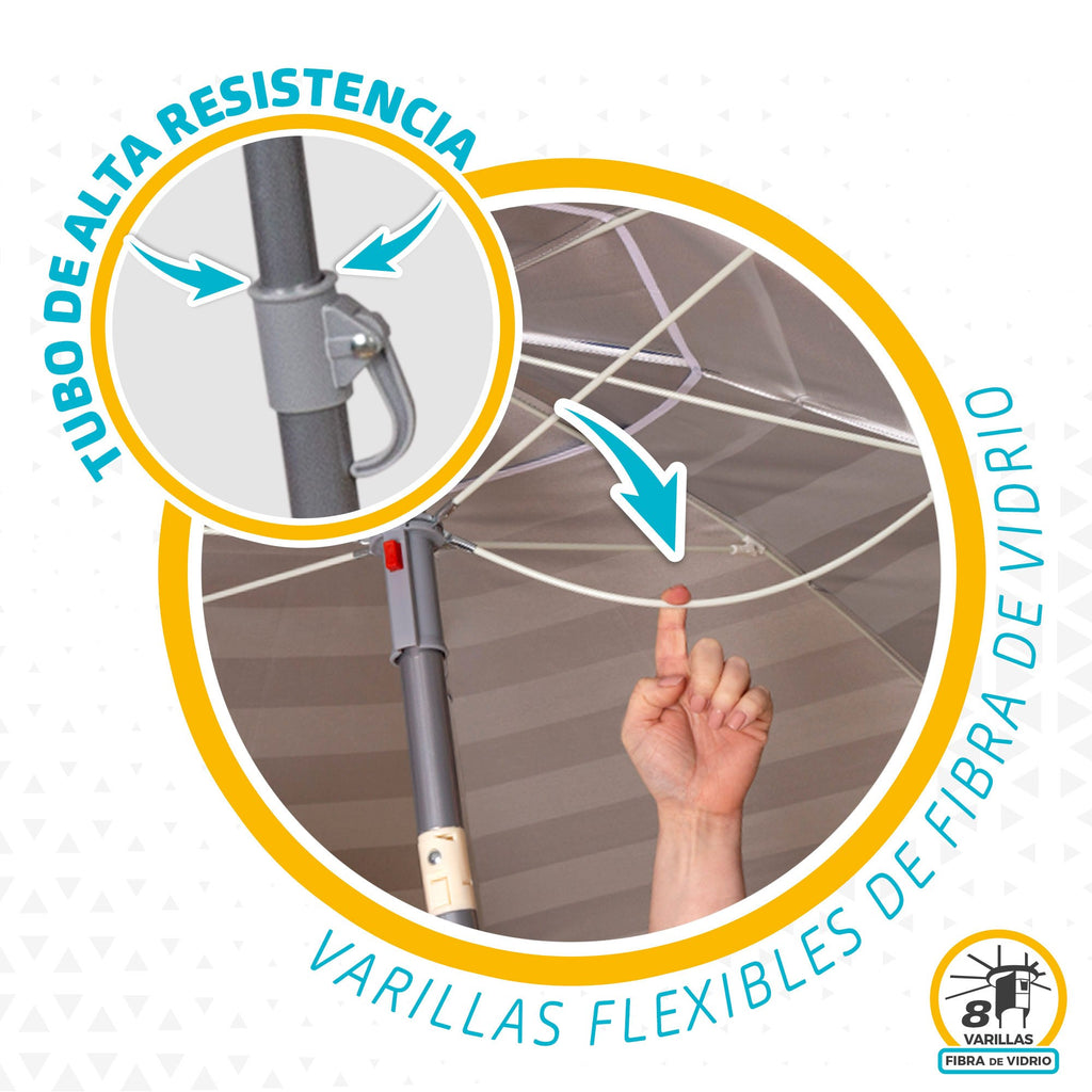 Sombrilla Playa Grande, 200cm / 220cm, Inclinable, Protección UV 50, Hecha de Aluminio y Tela Oxford con Revestimiento, Forma Única para Favorecer la Ventilación, 8 Varillas Resistentes y Flexibles, Ancho Tubo 28/32mm