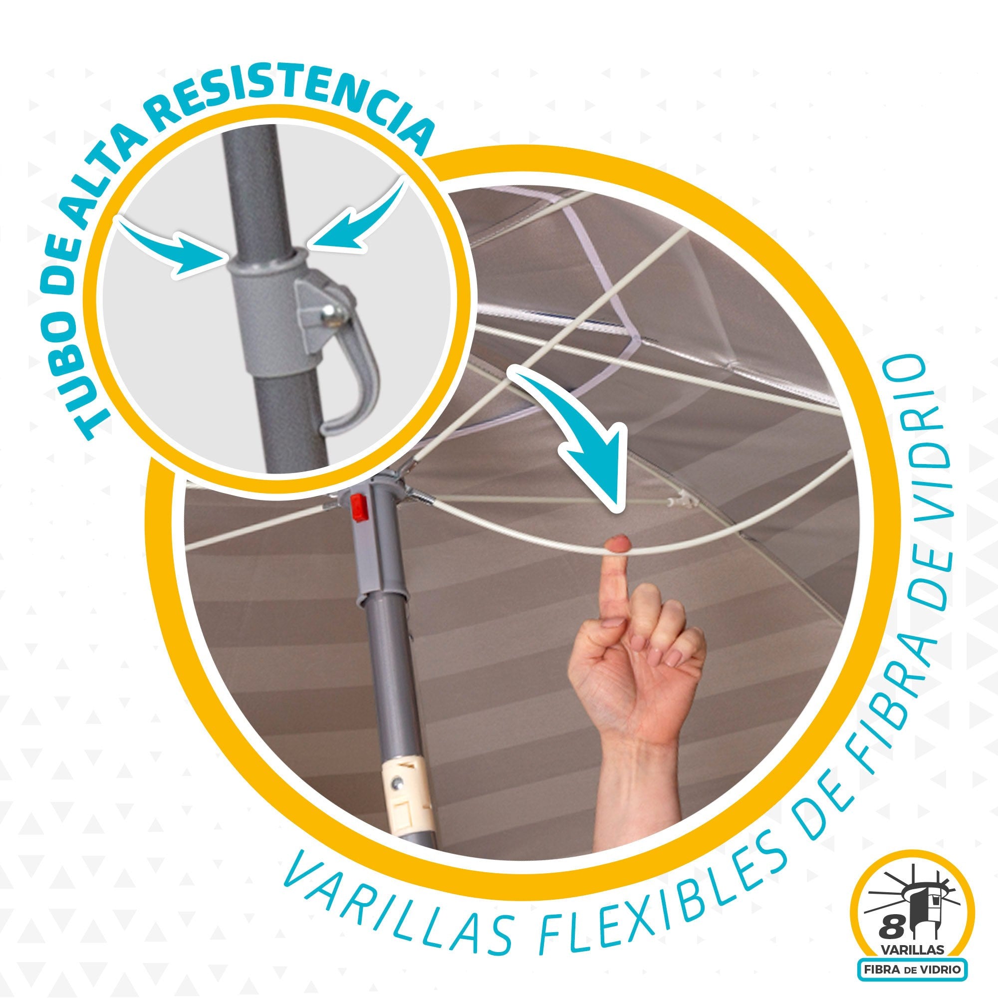 Sombrilla Playa Grande, 200cm / 220cm, Inclinable, Protección UV 50, Hecha de Aluminio y Tela Oxford con Revestimiento, Forma Única para Favorecer la Ventilación, 8 Varillas Resistentes y Flexibles, Ancho Tubo 28/32mm