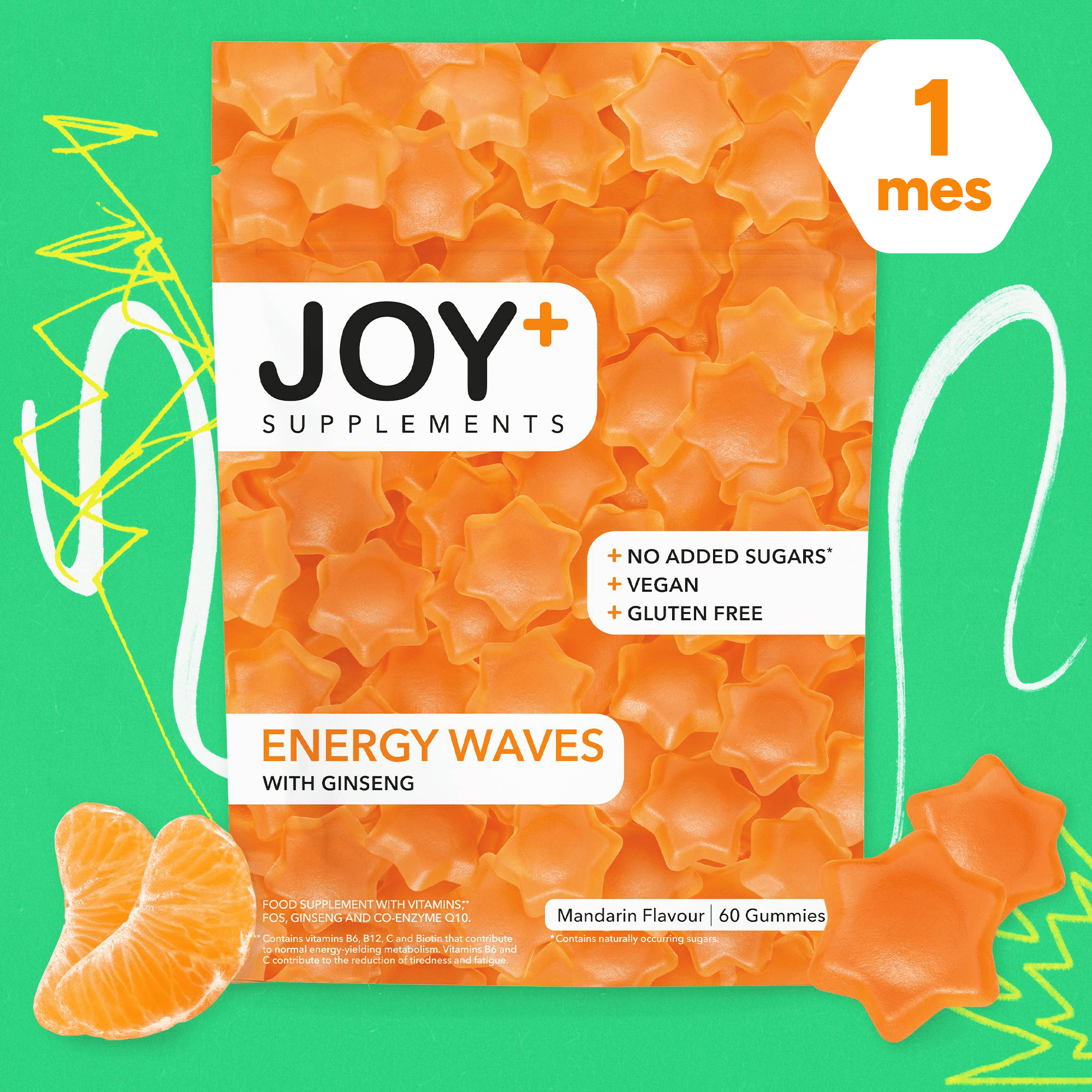 Gominolas de Energía Multivitamínicas con Ginseng y Coenzima Q10, Sabor Mandarina, 60 Gummies - Joy+ Supplements