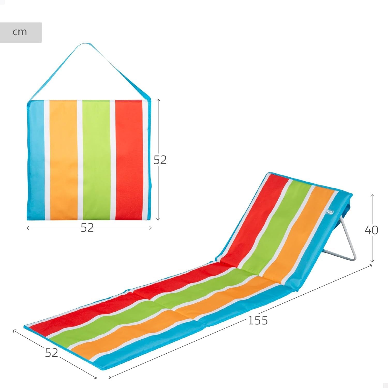 Esterilla Playa con Respaldo, Acolchada, Soporta 110 kg, Plegable, Estructura Acero, Tejido Oxford, Asa Hombro de Transporte, Tumbona Reclinable, 155 x 52 x 40 cm, Multicolor