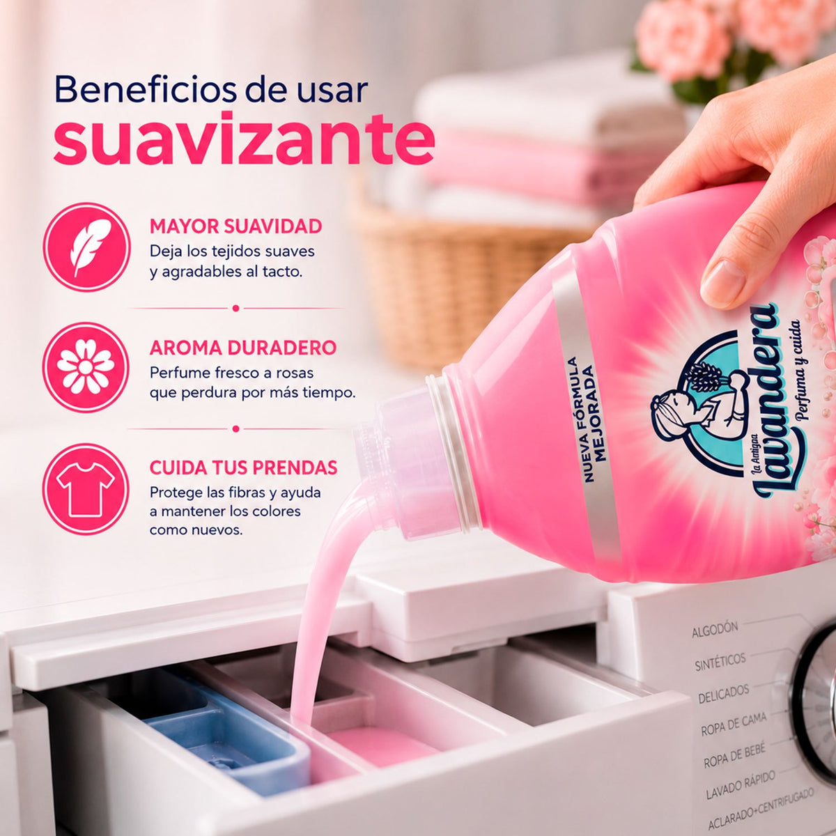 La Antigua Lavandera Suavizante para Ropa, Aroma de Rosas y Fácil Planchado, 1,76 L, 80 Lavados