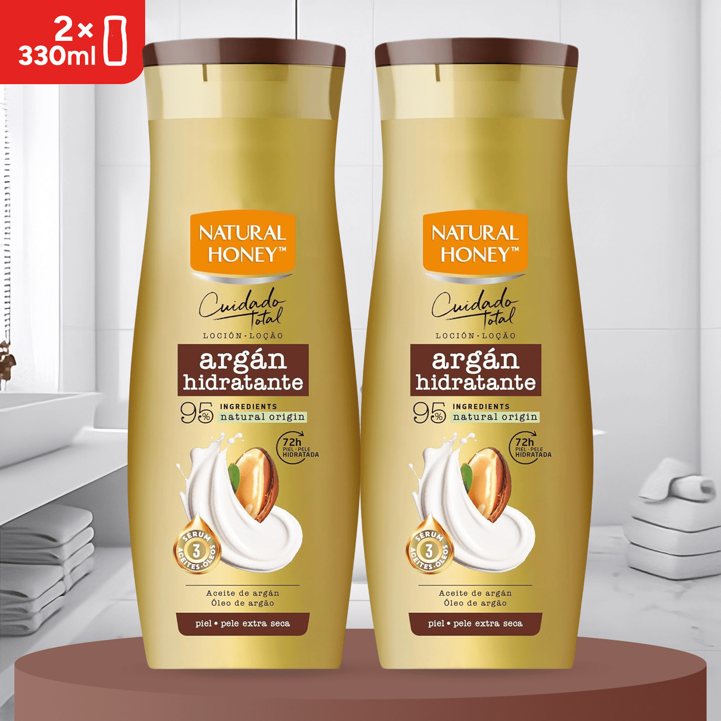 Natural Honey, Loción Corporal Argán Hidratante para Pieles Secas, 72H de Hidratación Profunda, Fórmula con Aceite de Argán y Sérum de 3 Aceites, Piel Suave y Radiante, Línea Cuidado Total, 330 ml por Botella