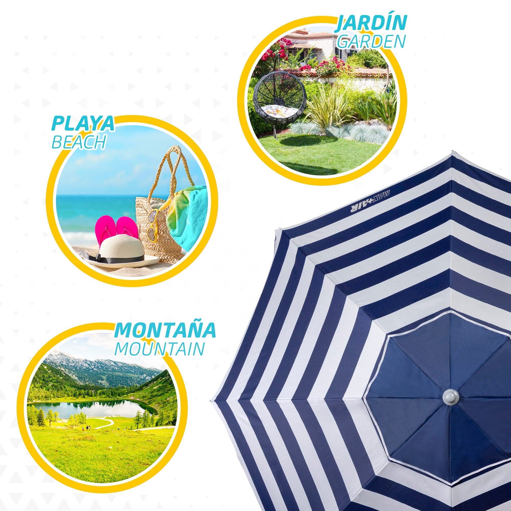 Sombrilla Playa Grande, 200cm / 220cm, Inclinable, Protección UV 50, Hecha de Aluminio y Tela Oxford con Revestimiento, Forma Única para Favorecer la Ventilación, 8 Varillas Resistentes y Flexibles, Ancho Tubo 28/32mm