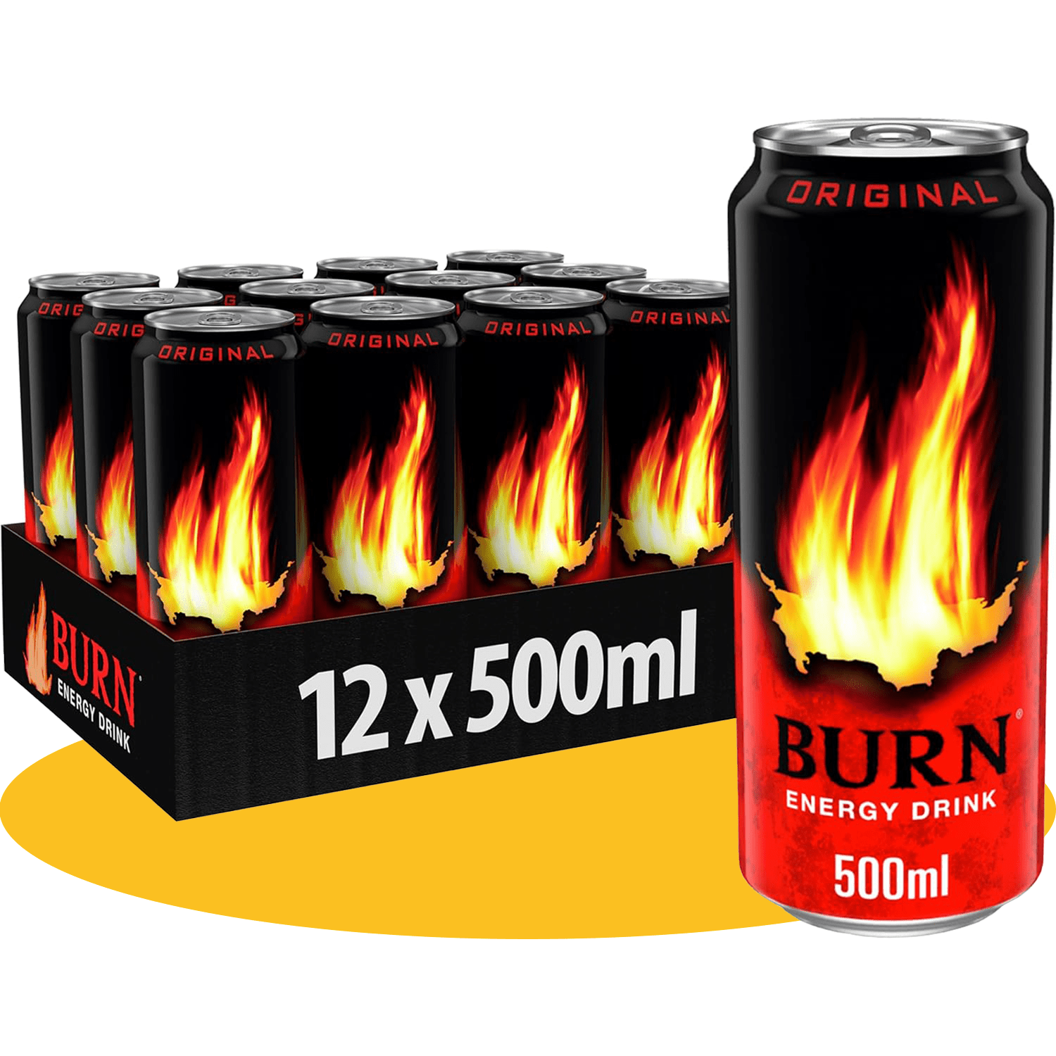 BURN Bebida Energética, Refresco Energético con Taurina, Guaraná y Vitaminas B6 y B12, Pack 12/24 Latas de 500ml
