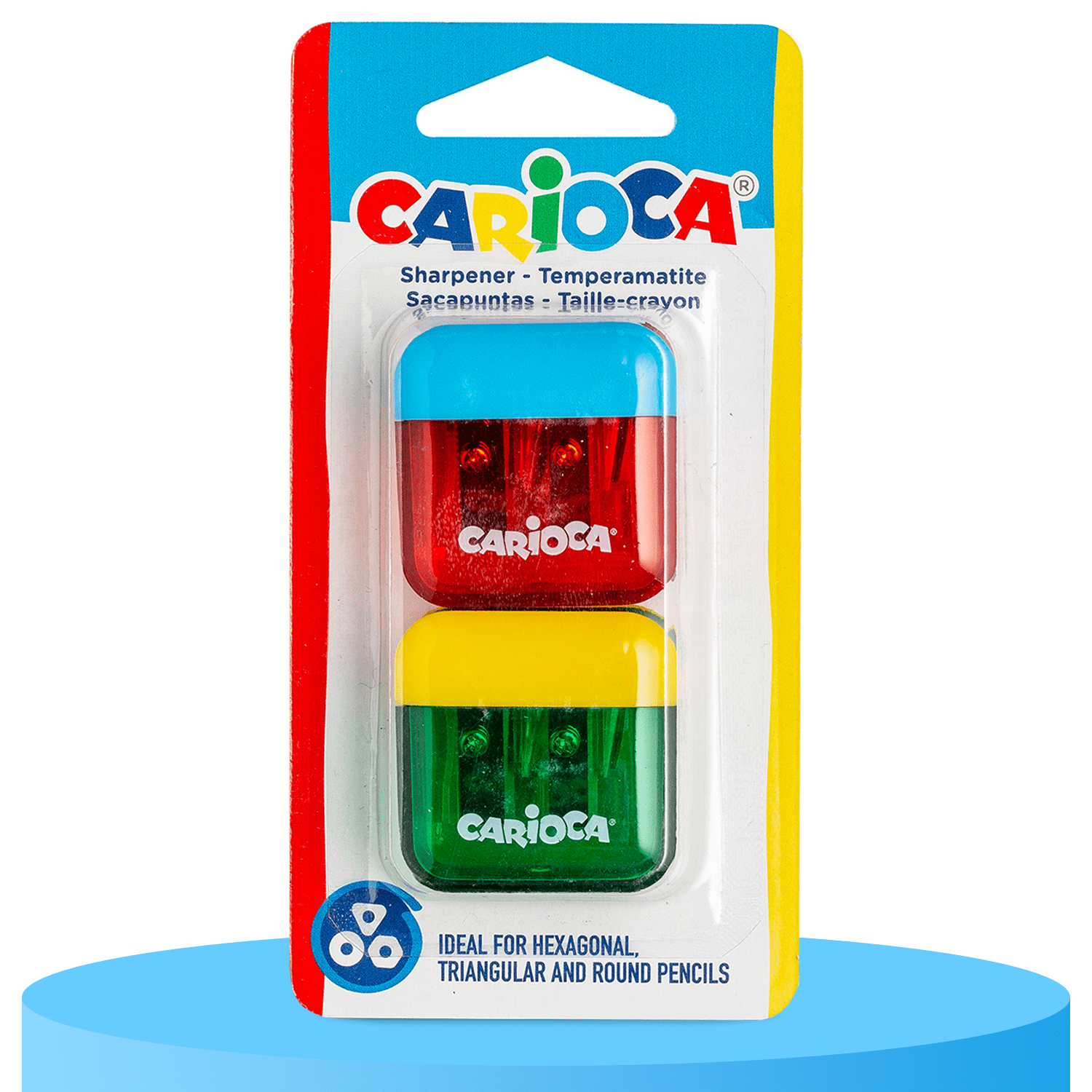 CARIOCA Pack 2 Sacapuntas de 2 Orificios con Depósito, Tapón de Seguridad, Colores Aleatorios