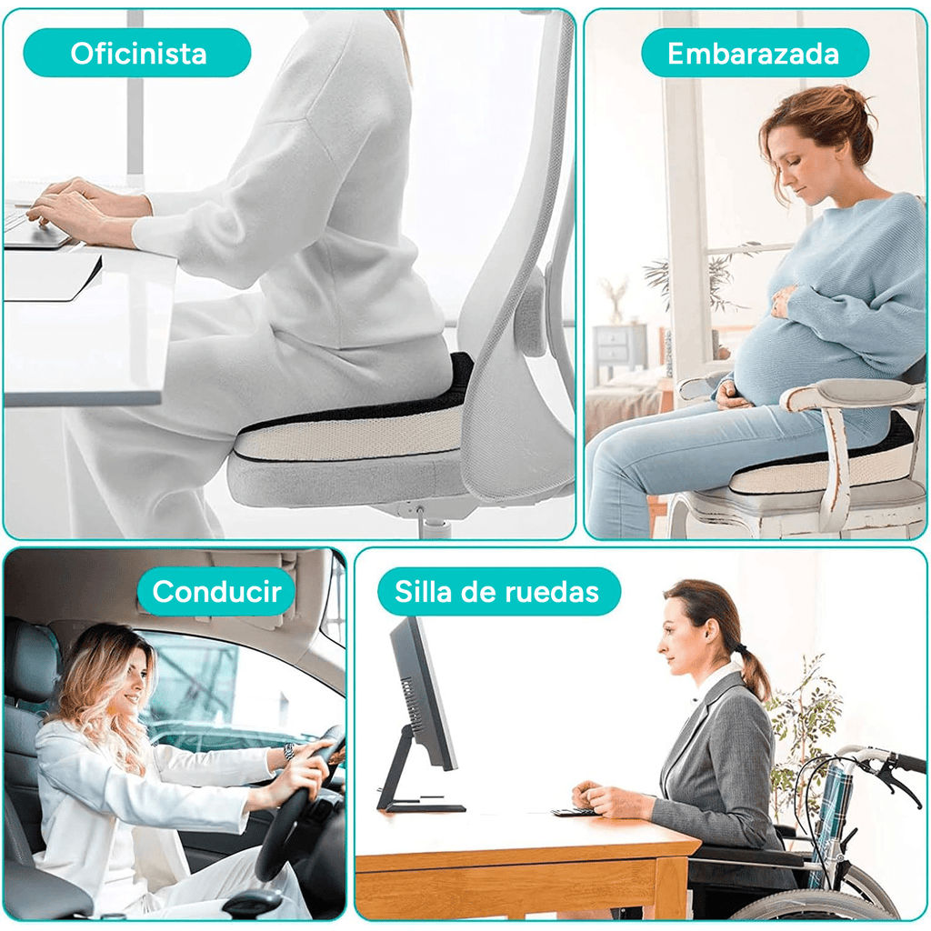 Cojín Asiento de Espuma Viscolástica ideal para Sillas de oficina y Coche, Ayuda a Corregir la Postura, Amortiguación perfecta, Hueco Central para Ventilación, Base Antideslizante, Funda Lavable de Poliéster, Asa de Transporte
