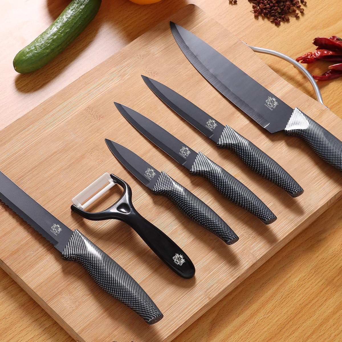 Juego de 6 Cuchillos de Cocina Profesionales, Cuchillos de Acero Inoxidable con Revestimiento y Filo de Alta Precisión, Excelente Durabilidad, Mango Ergonómico, Fácil de Limpiar, Ideal como Regalo, Incluye 5 Cuchillos y 1 Pelador