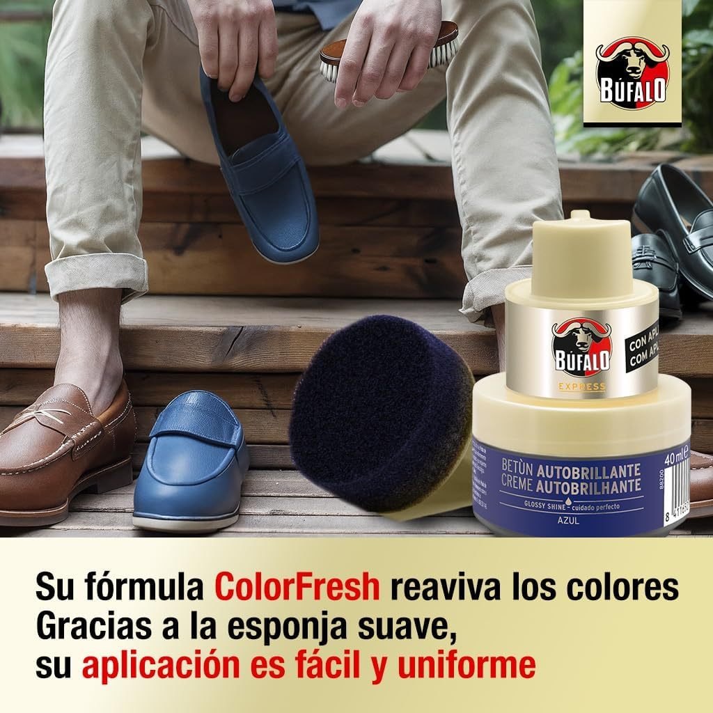 Búfalo Betún Calzado Autobrillante color Azul, Crema para Zapatos, Aporta Color y Brillo, Esponja Integrada, 40 ml