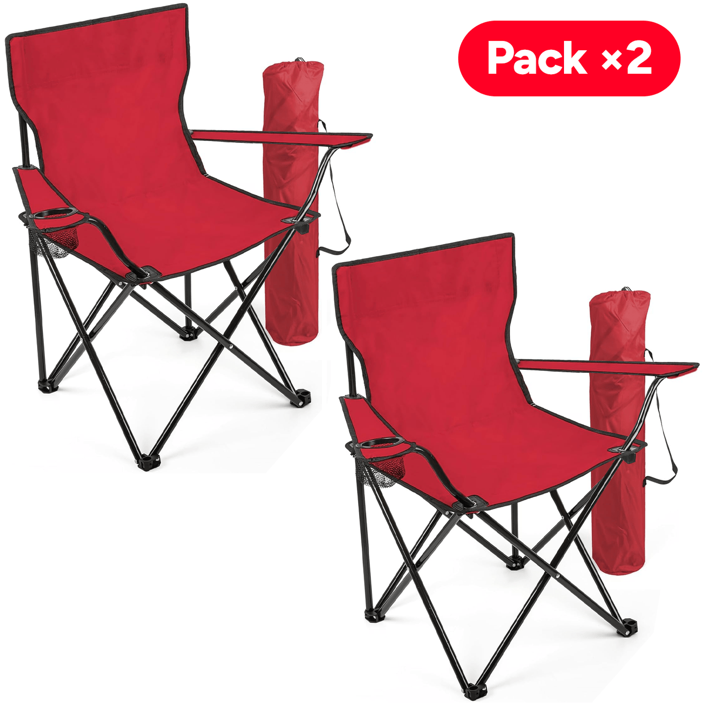 Pack x2 Sillas Plegables Camping con Respaldo y Apoyabrazos para Exterior, Acampada, Pescar y Picnic de 50 x 50 x 80 cm, Resistente y Compacta, Soporta hasta 120kg, Rojo