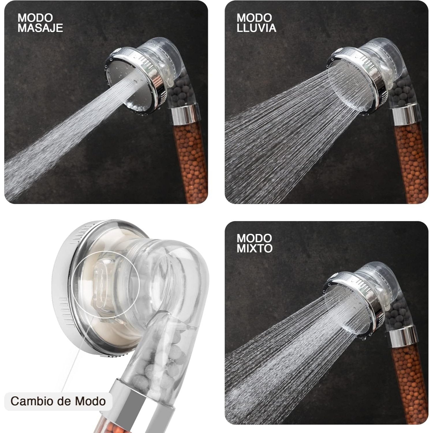 Cabezal de Ducha con Filtro, Ducha Cabezal Filtro, 3 Modos de Ducha: Modo Masaje, Lluvia y Mixto, Aumenta la Presión del Agua, Ahorra Agua, Suaviza la Piel y Limpia en Profundidad