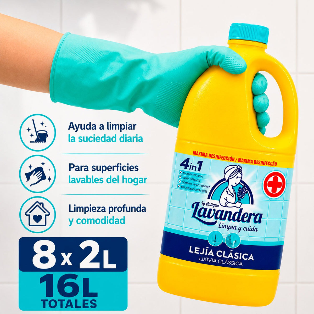 La Antigua Lavandera Lejía Clásica para Limpieza de Múltiples Superficies, Pack de 8 Botellas de 2L Cada Una, 16L en Total