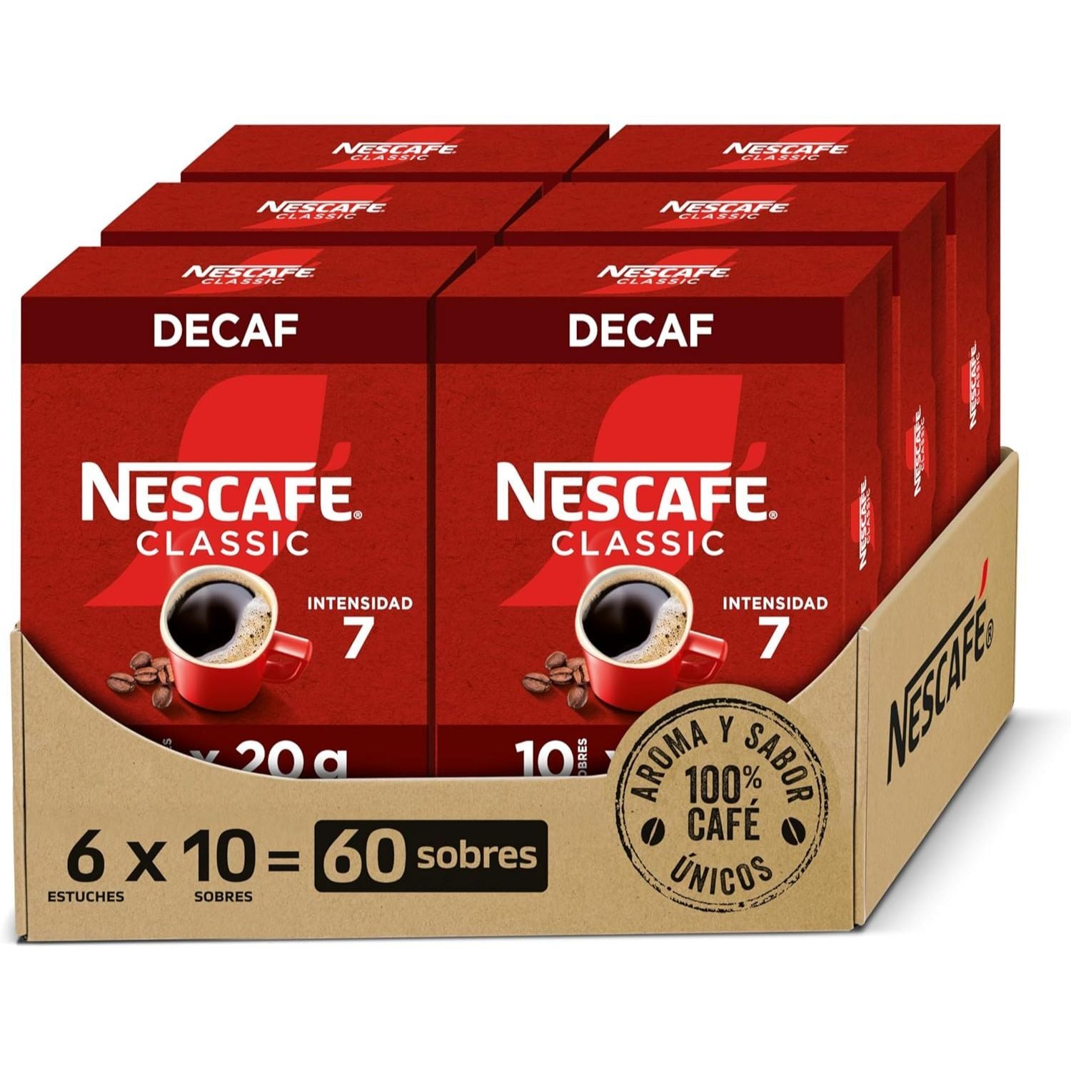Nescafé Classic Descafeinado, Café Soluble Descafeinado en Sobre, 2g de Café por Sobre, Tueste Selecto, Intensidad 7, 60 Sobres