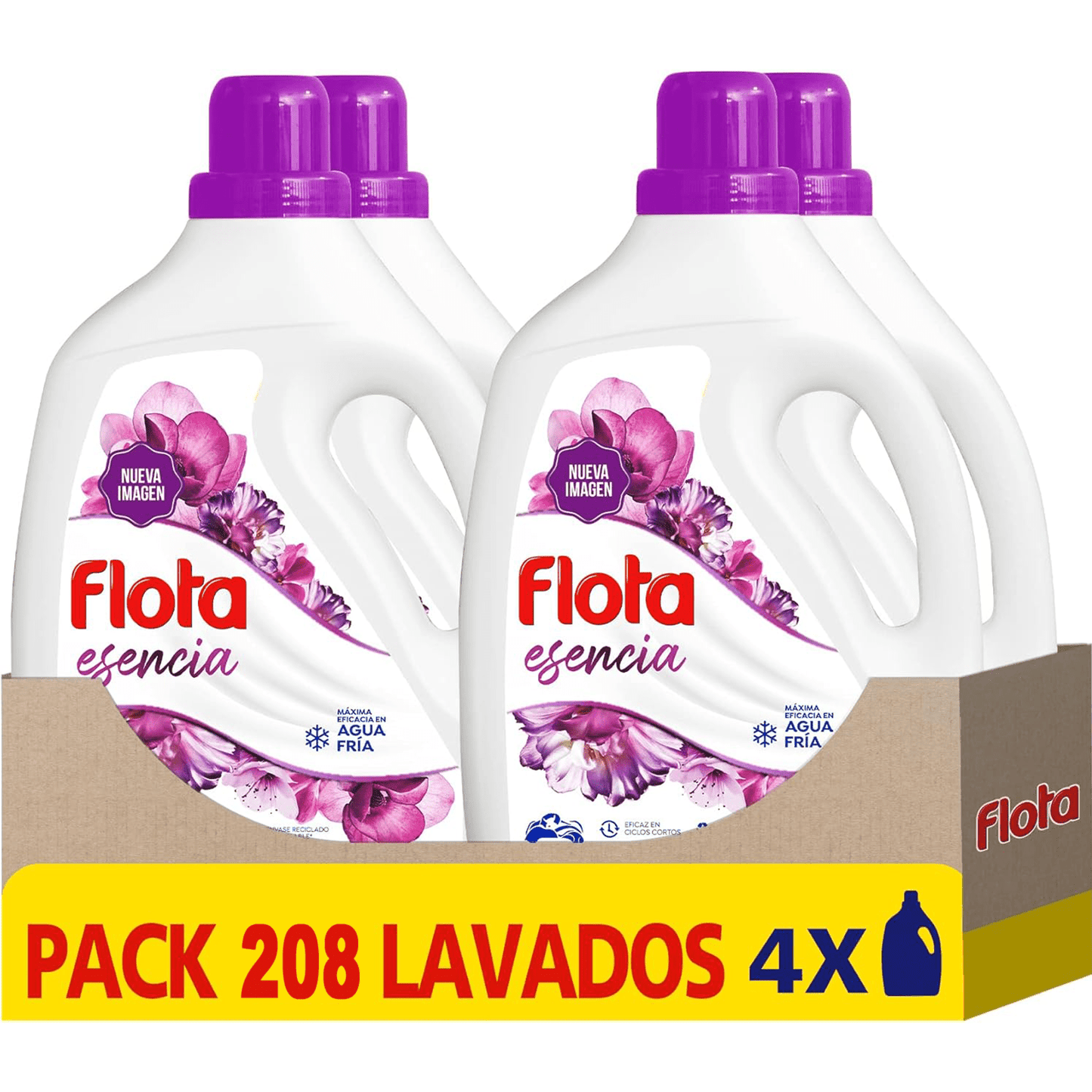 FLOTA Detergente Líquido Quitamanchas incluso en Agua Fría para Lavadora, Para Ropa Blanca y de Color, Fragancia Esencia, Pack de 4 x 42+10 Lavados = 208 Lavados