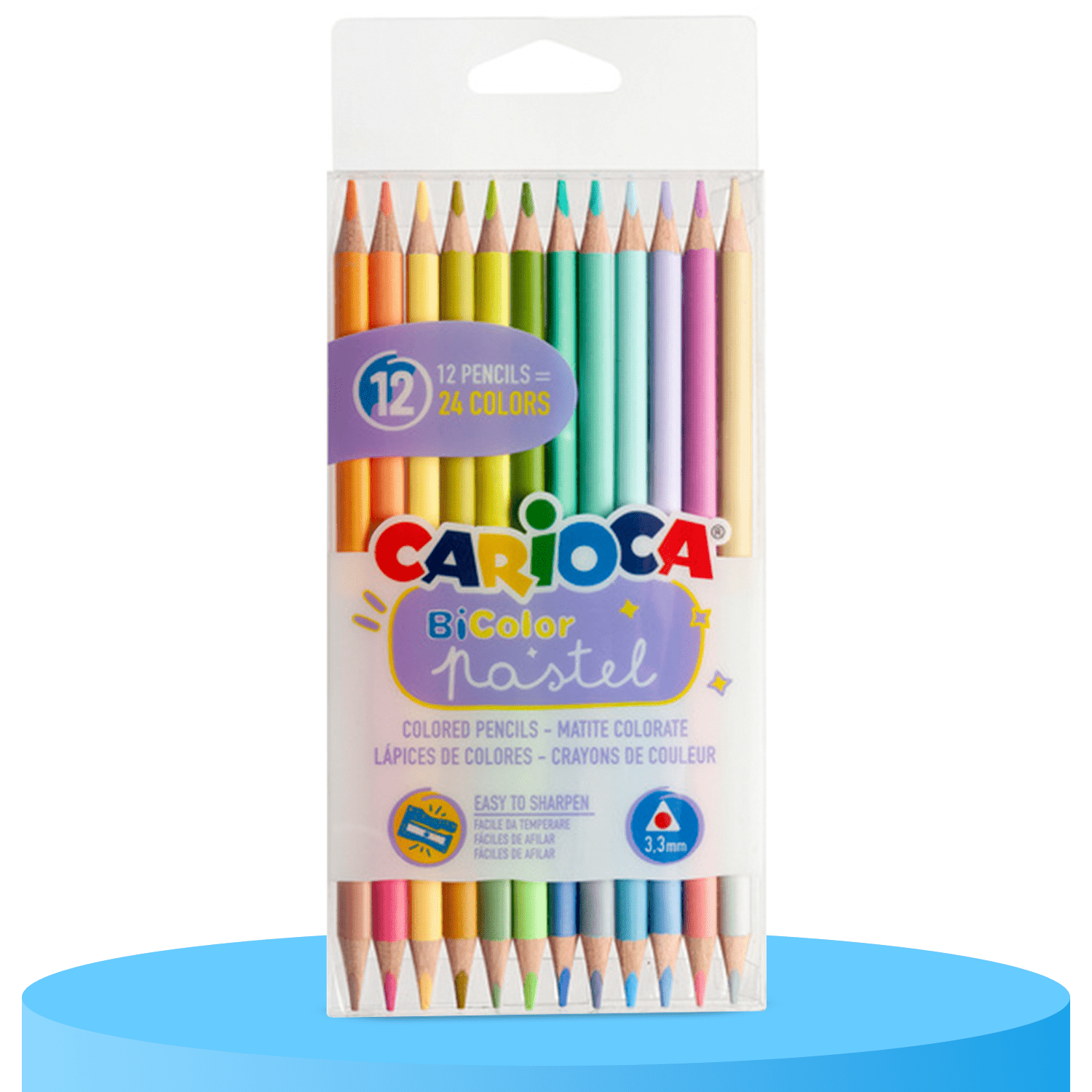 CARIOCA Lapices de Colores Pastel, Colores Pastel, Fáciles de Sacar Punta, Forma Triangular con Mina de Color de 3.3mm, Paquete de 12 Lápices con 24 Colores
