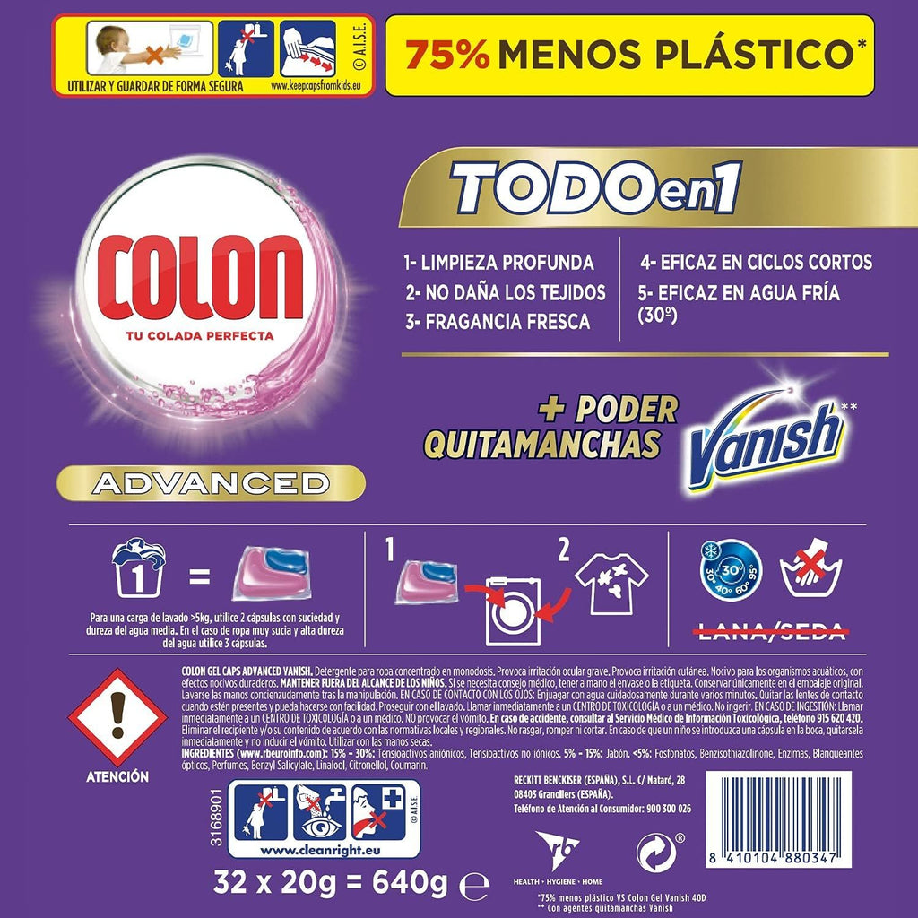 COLON Detergente para Lavadora en Cápsulas Vanish Todo en 1, Alto Podert Quitamanchas, Para Ropa Blanca y de Color, 32 Capsulas por Paquete