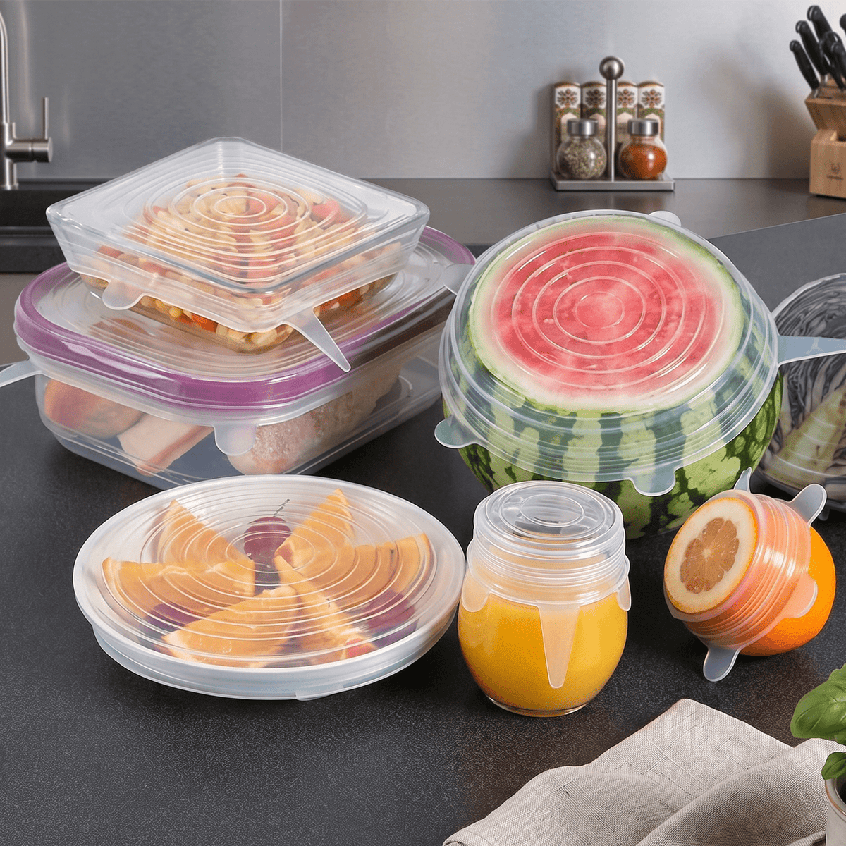 6 Tapas Elasticas Alimentos Varios Tamaños, Mantiene Comida Fresca, Reutilizable y Fácil de Limpiar, Apto para Microondas, Nevera y Lavavajillas, Hecho de Silicona Resistente, Incluye 6 Tapas