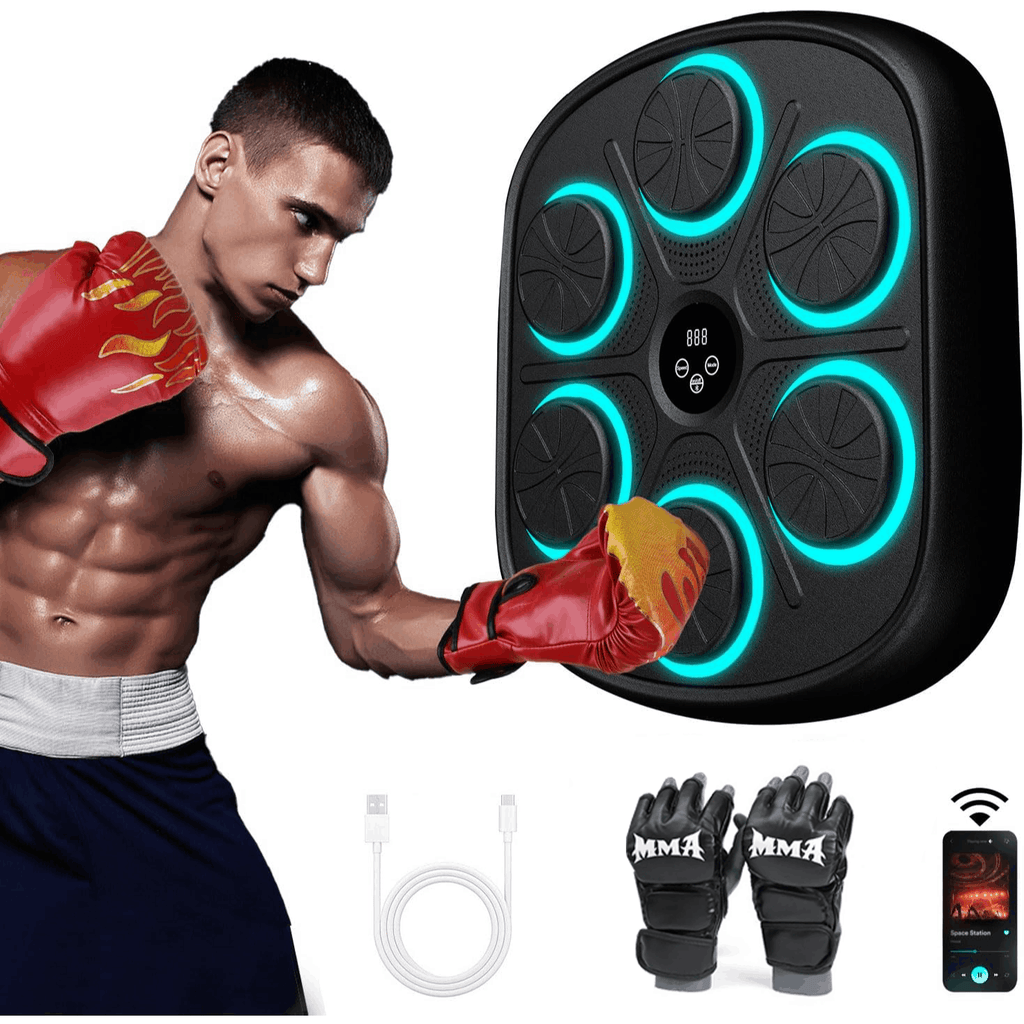 Tablero de Boxeo Electrónico, Máquina de Boxeo Musical con 9 Velocidades / Modos, Incluye Guantes, Zona de Golpeo Blanda y Flexible, Resistente a los Golpes, Velocidad Ajustable, Perfecto para Ejercicio en Interiores, Fácil Instalación y sin Taladros