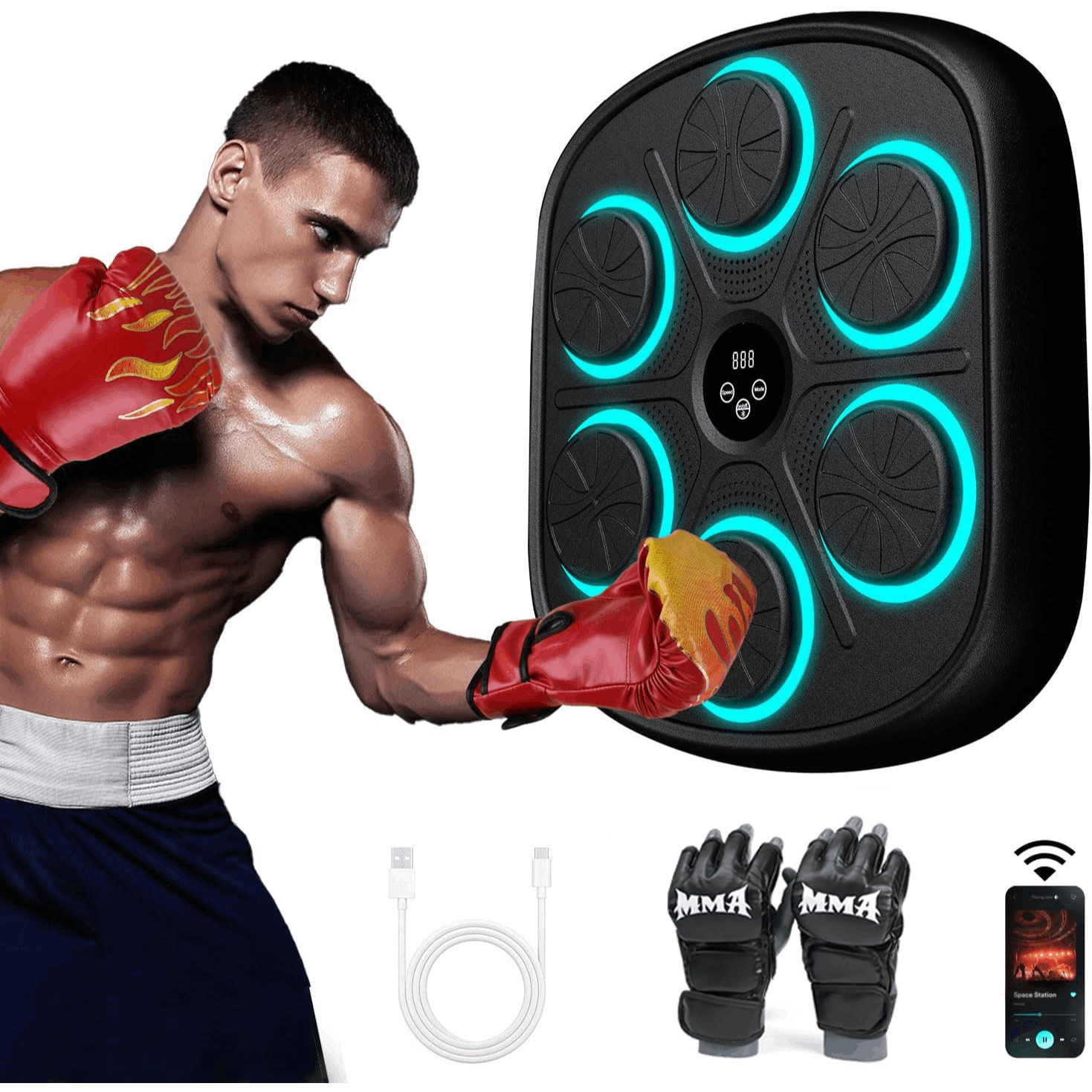 Tablero de Boxeo Electrónico, Máquina de Boxeo Musical con 9 Velocidades / Modos, Incluye Guantes, Zona de Golpeo Blanda y Flexible, Resistente a los Golpes, Velocidad Ajustable, Perfecto para Ejercicio en Interiores, Fácil Instalación y sin Taladros