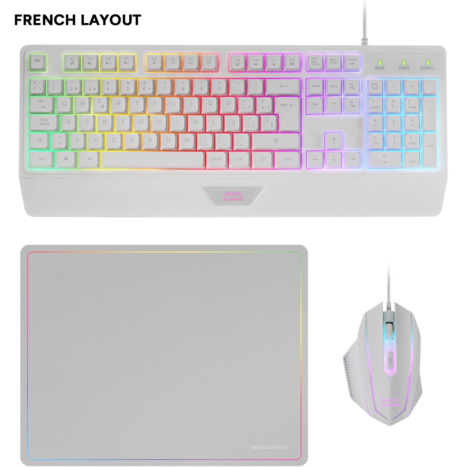 Mars Gaming MCP124, Combo Gaming 3en1, Teclado Ergonómico H-Mech LED RGB, Ratón RGB 3200DPI Switches HUANO, Alfombrilla Nanotextil 360x260mm, Compatibilidad Multiplataforma, Layout Francés, Blanco