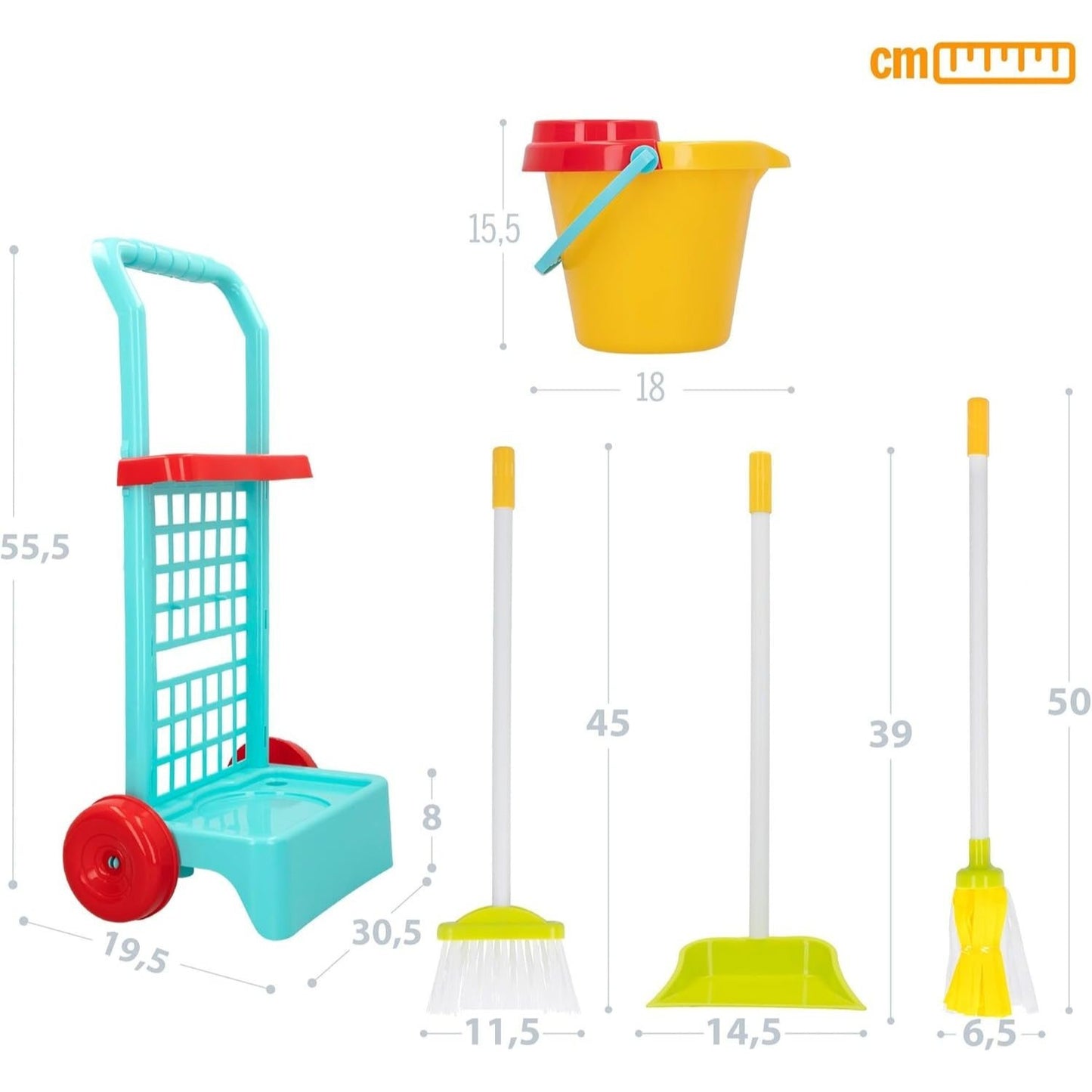 Carrito de Limpieza de Juguete, Incluye 1 Fregona, 1 Escoba, 1 Recogedor, 1 Cubo y 1 Carrito, Fomenta la Imaginación, el Aprendizaje de las Tareas del Hogar y la Motricidad Global
